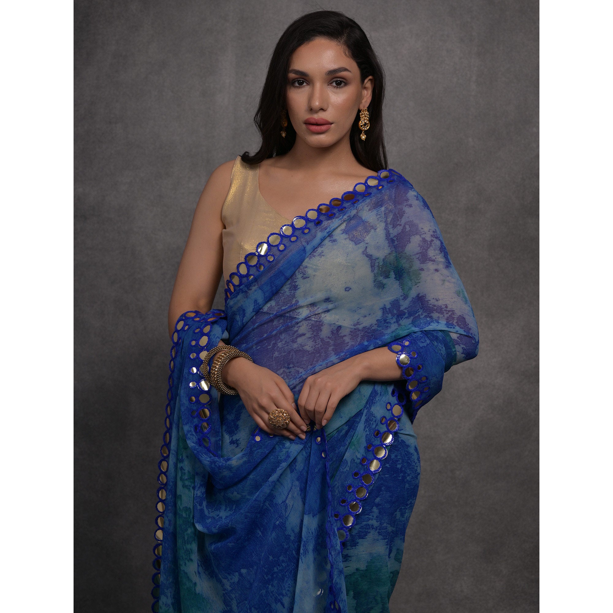 Navy Blue Printed With Mirror Work Georgette Saree