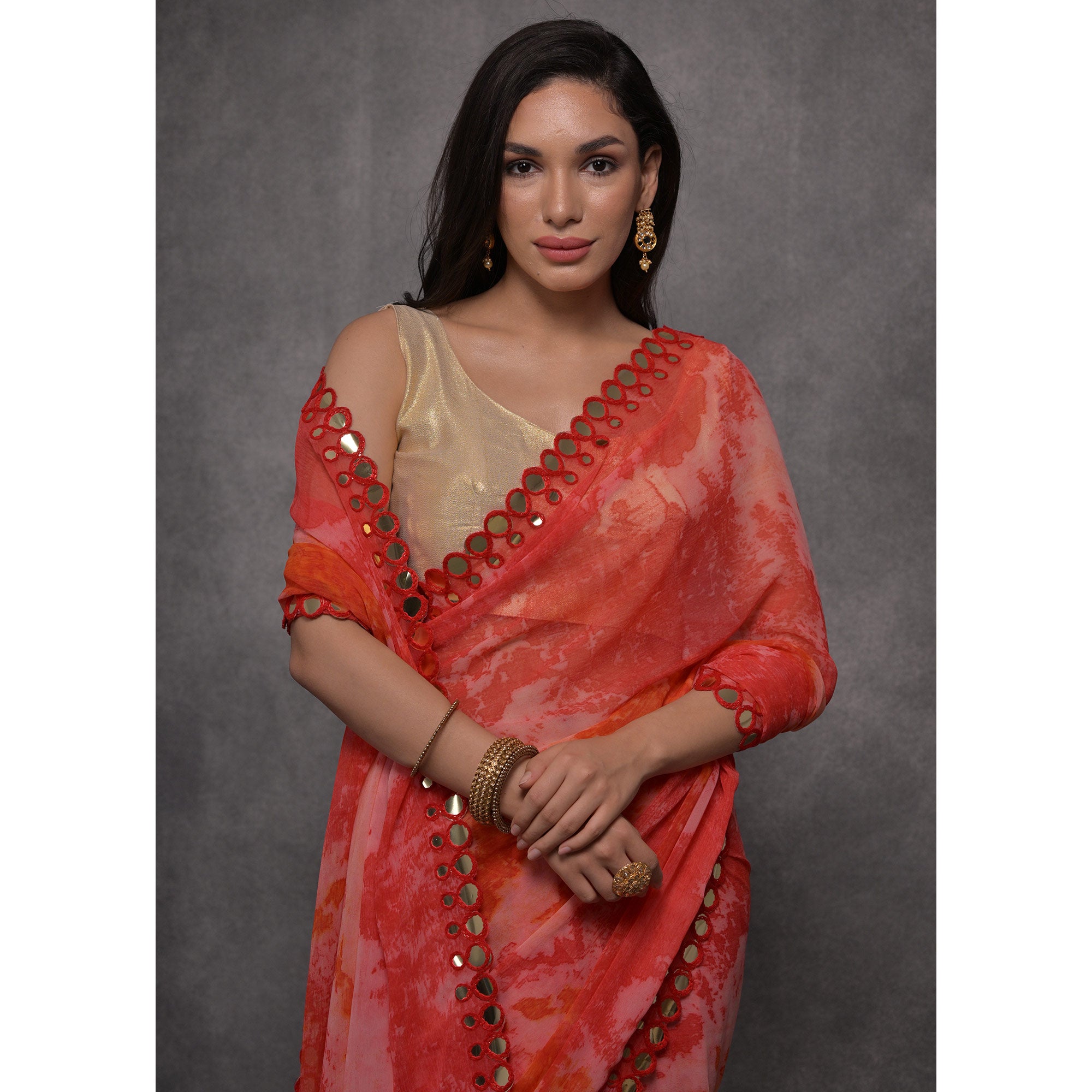 Pink Printed With Mirror Work Georgette Saree