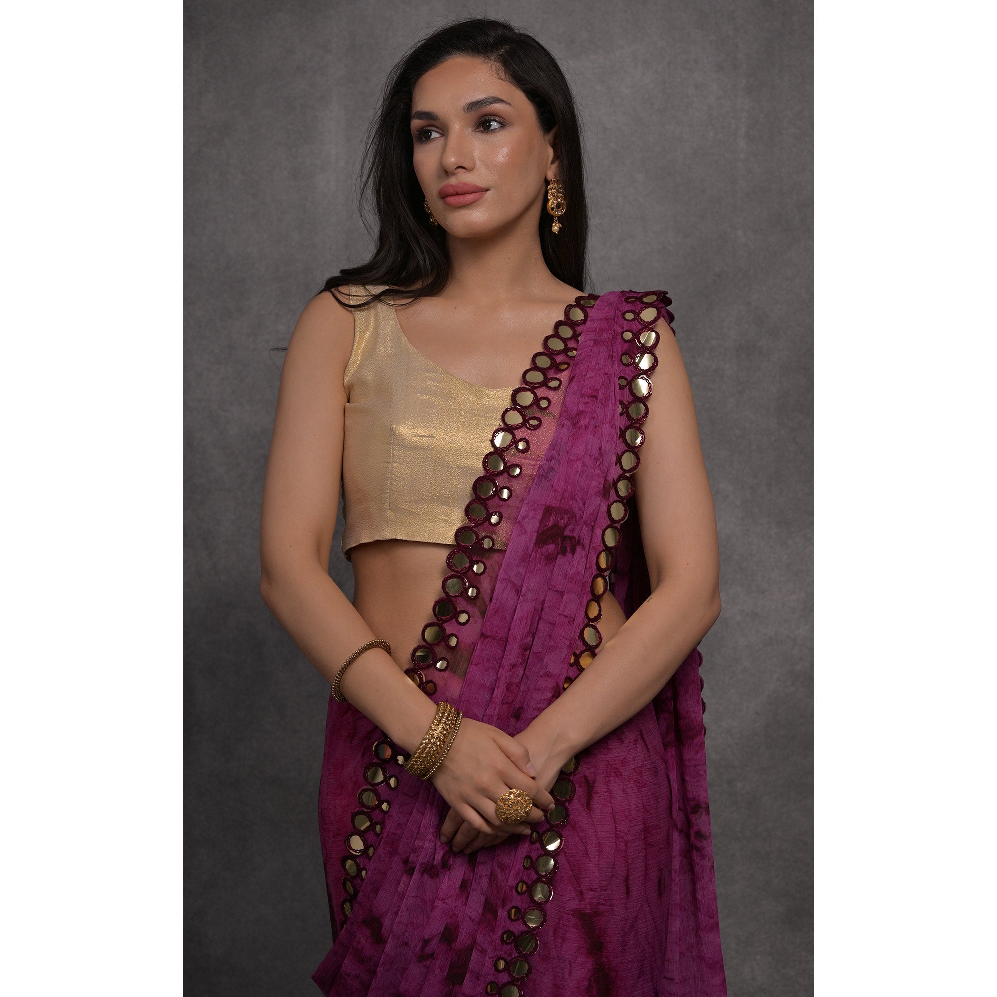 Purple Printed With Mirror Work Georgette Saree