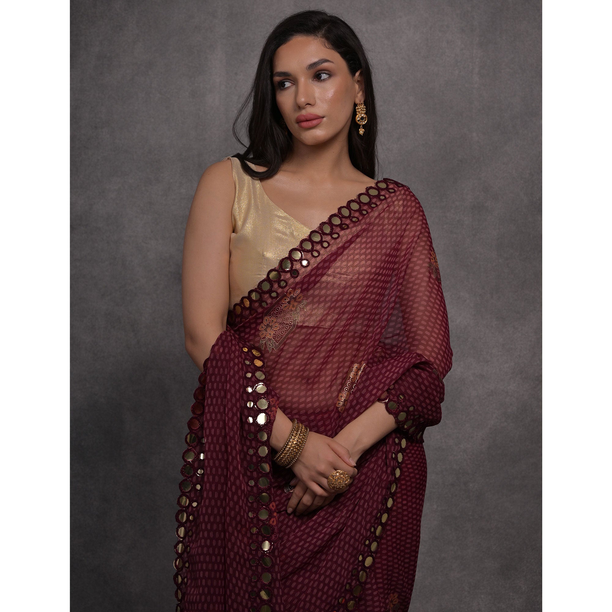 Wine Foil Printed With Mirror Work Georgette Saree