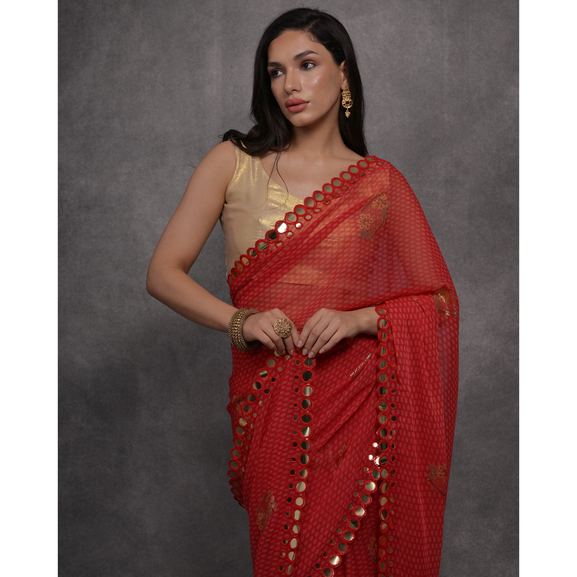 Red Foil Printed With Mirror Work Georgette Saree