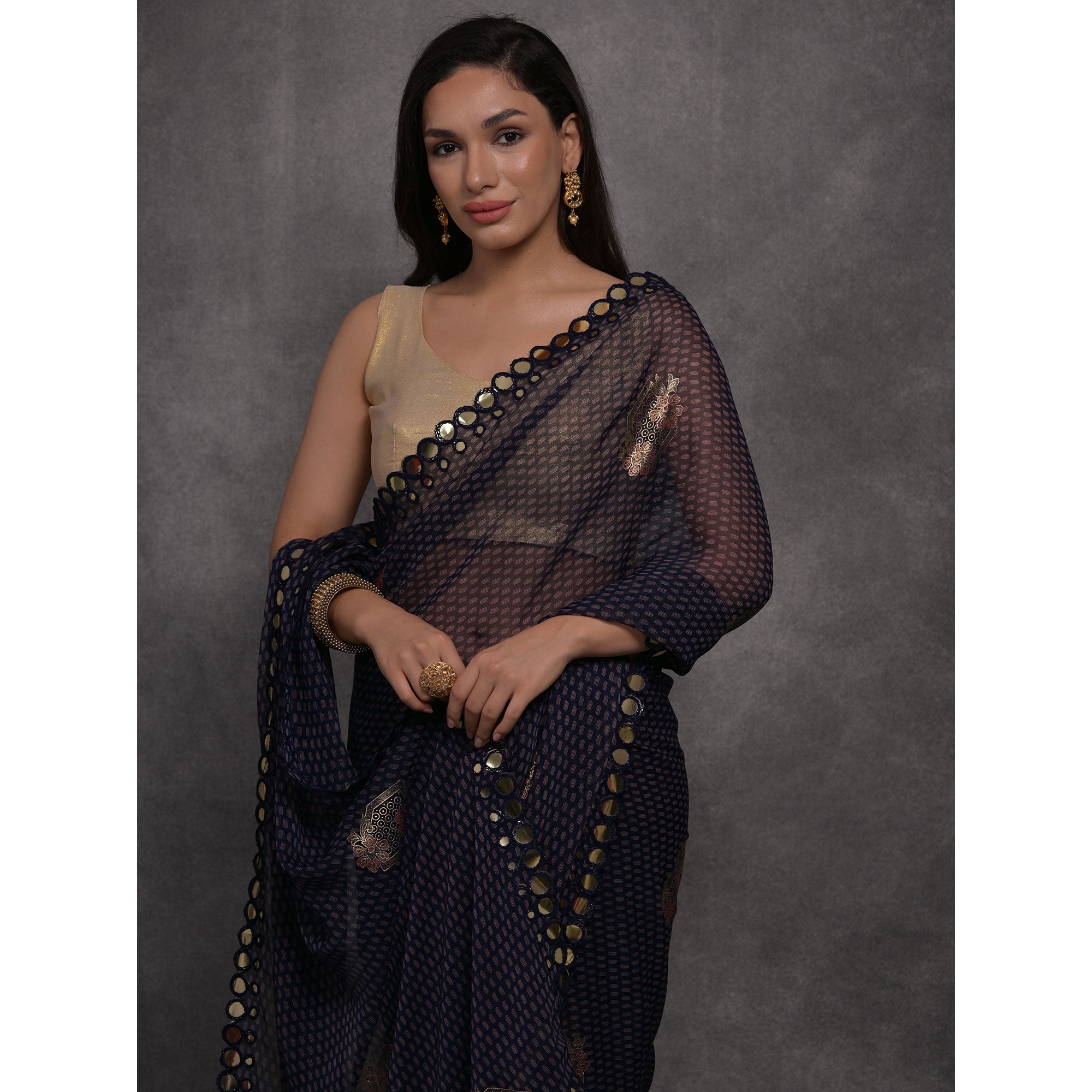 Blue Foil Printed With Mirror Work Georgette Saree