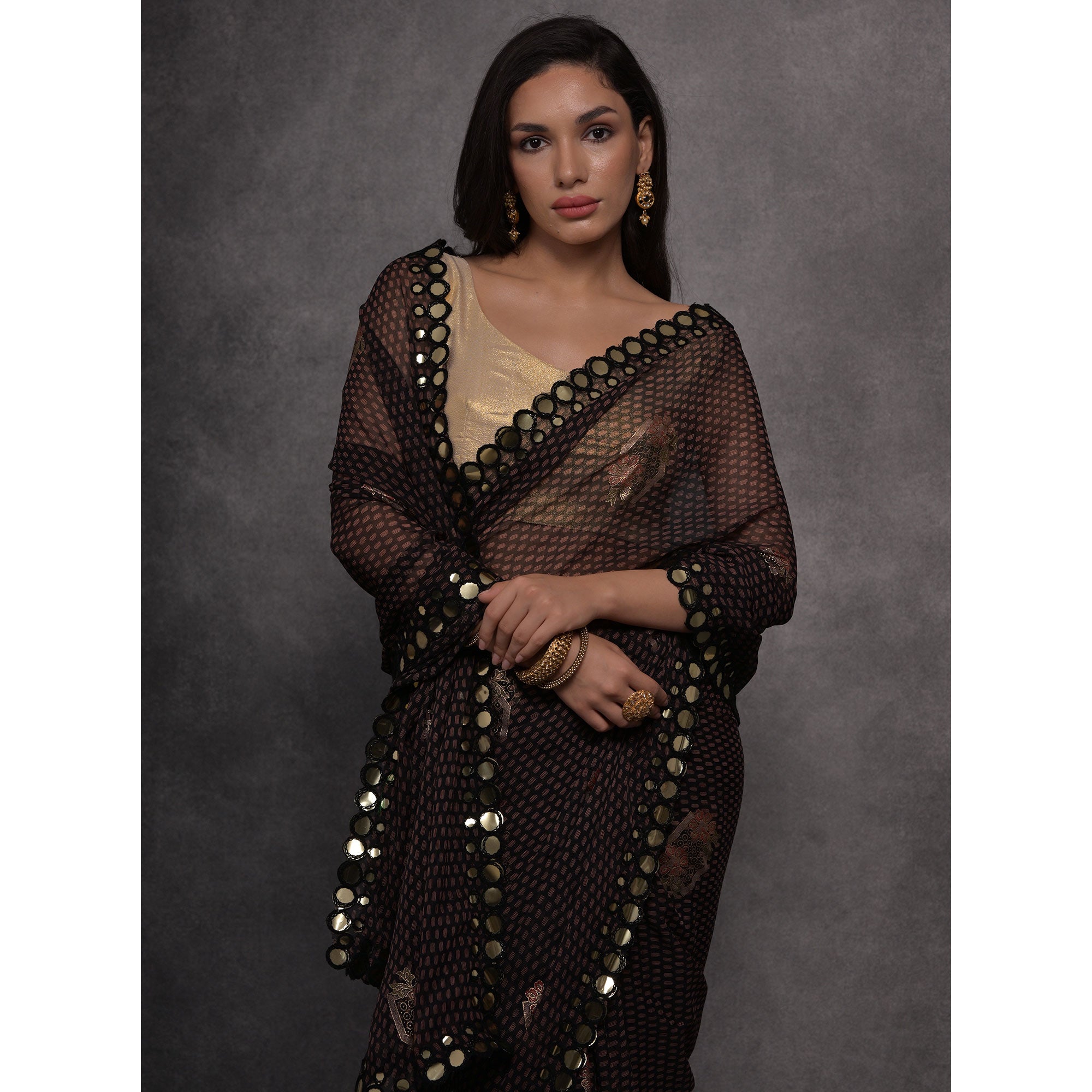 Black Foil Printed With Mirror Work Georgette Saree