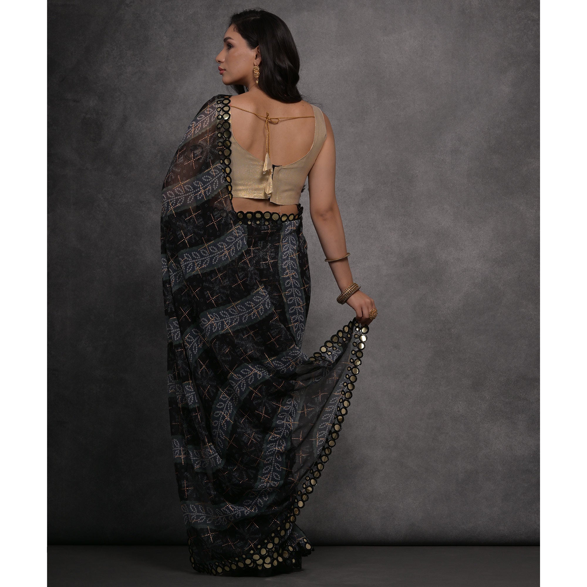 Black Foil Printed With Mirror Work Georgette Saree