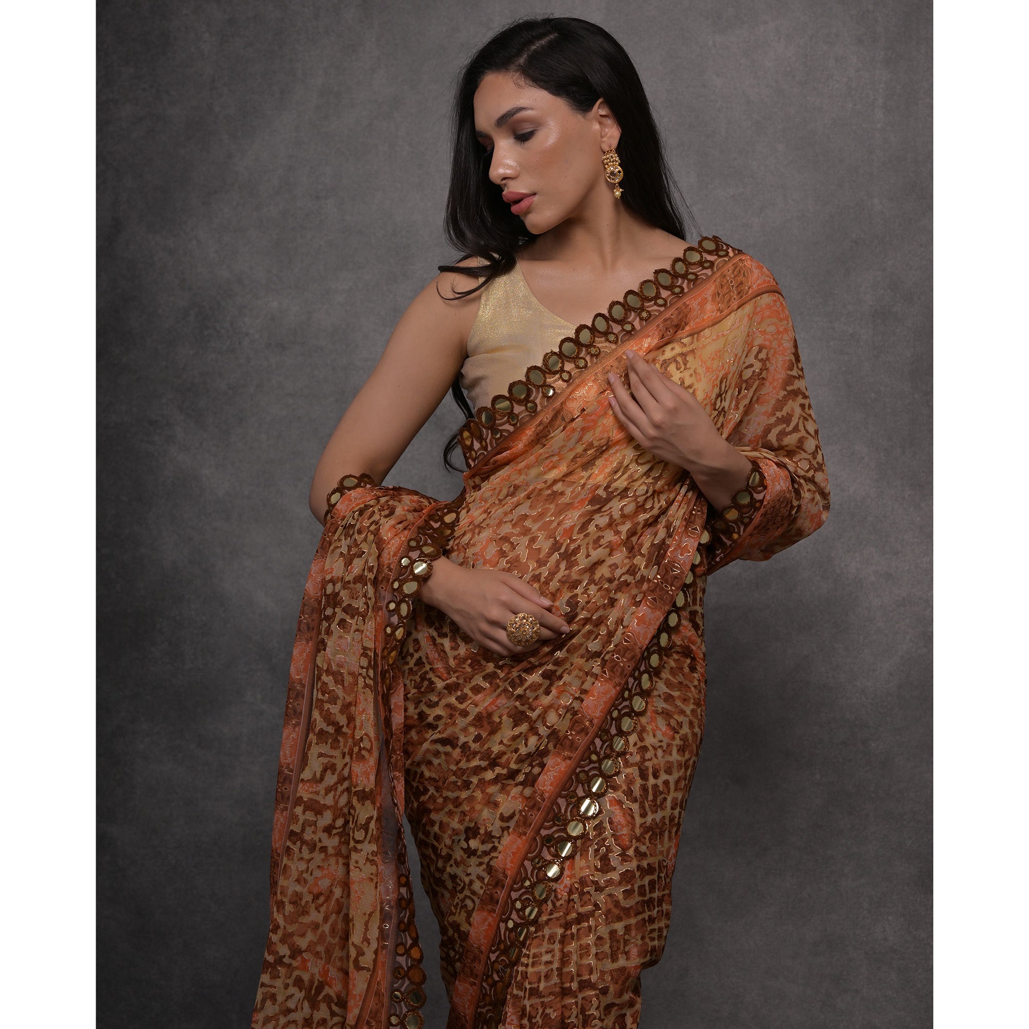 Peach Foil Printed With Mirror Work Georgette Saree