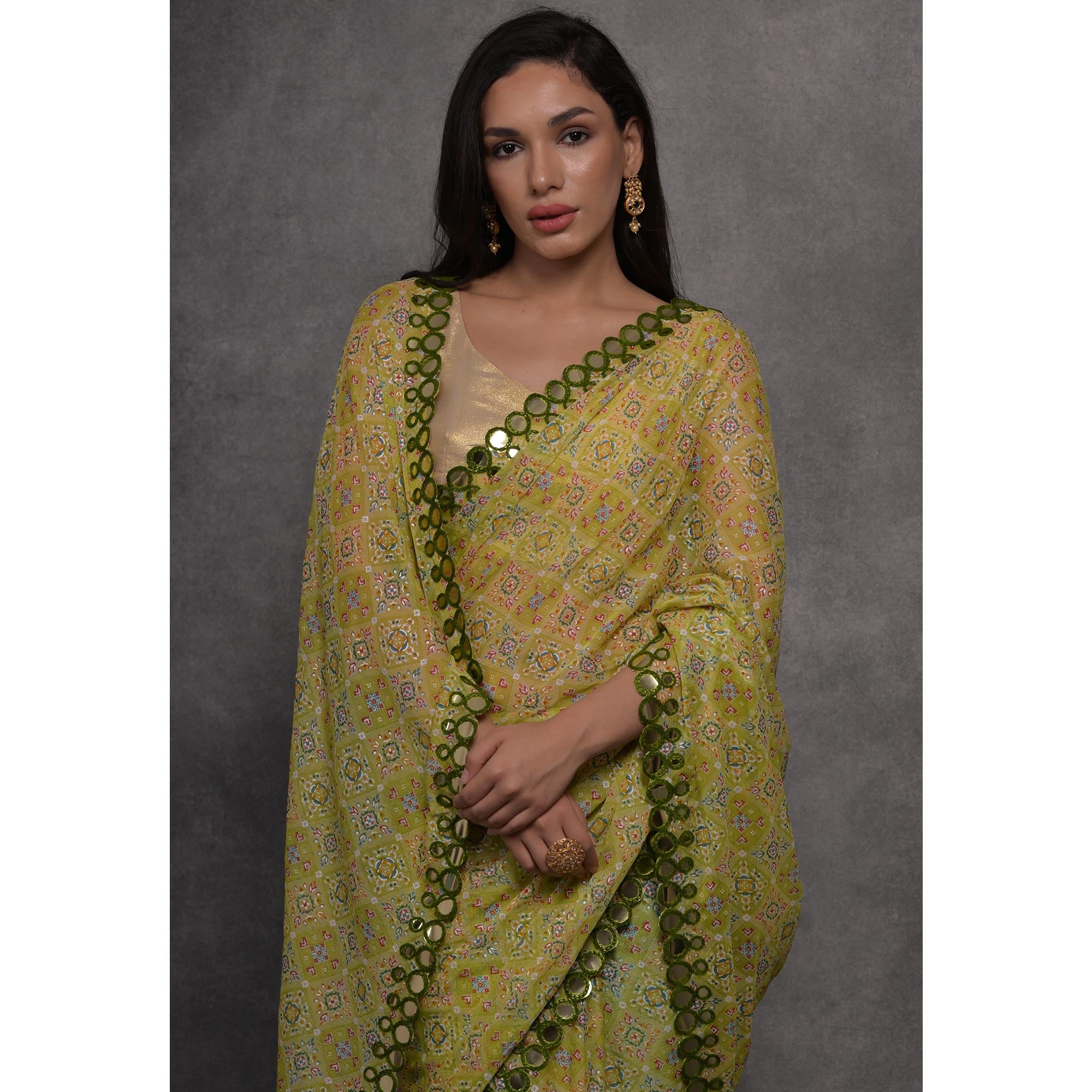 Green Foil Printed With Mirror Work Georgette Saree