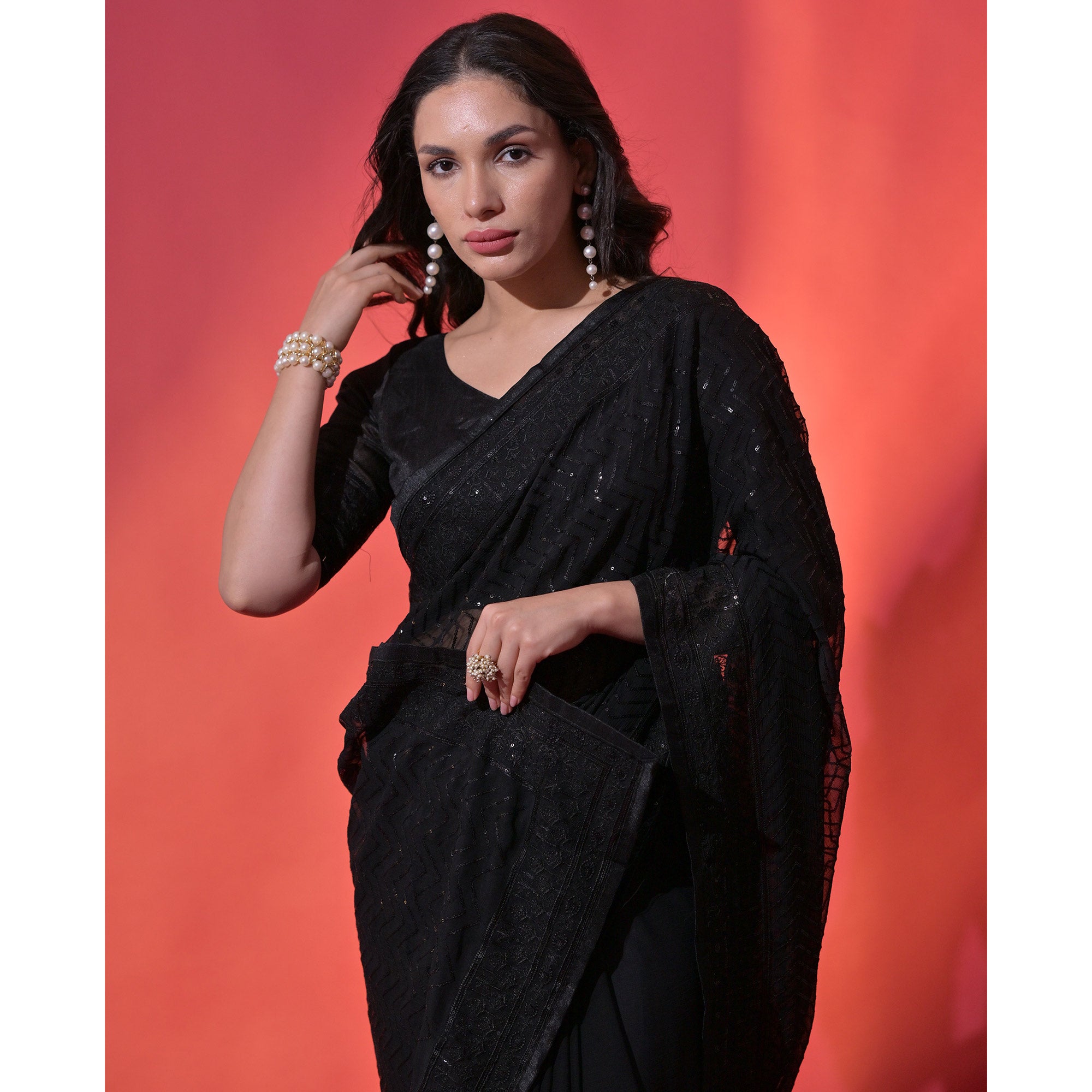 Black Sequins Embroidered Georgette Saree