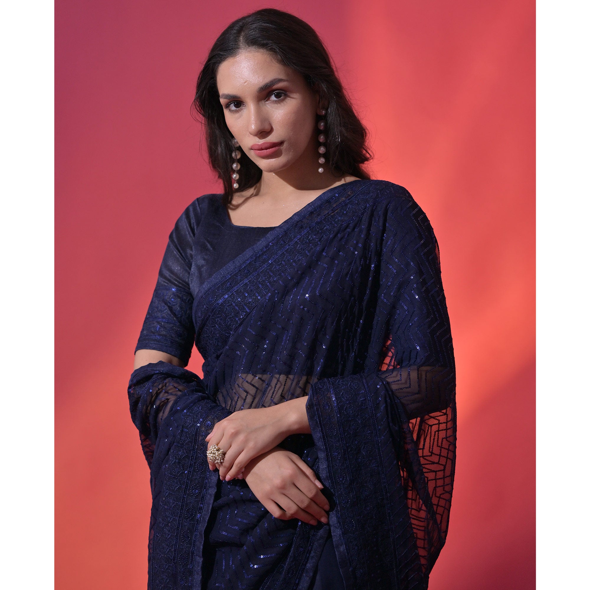 Navy Blue Sequins Embroidered Georgette Saree