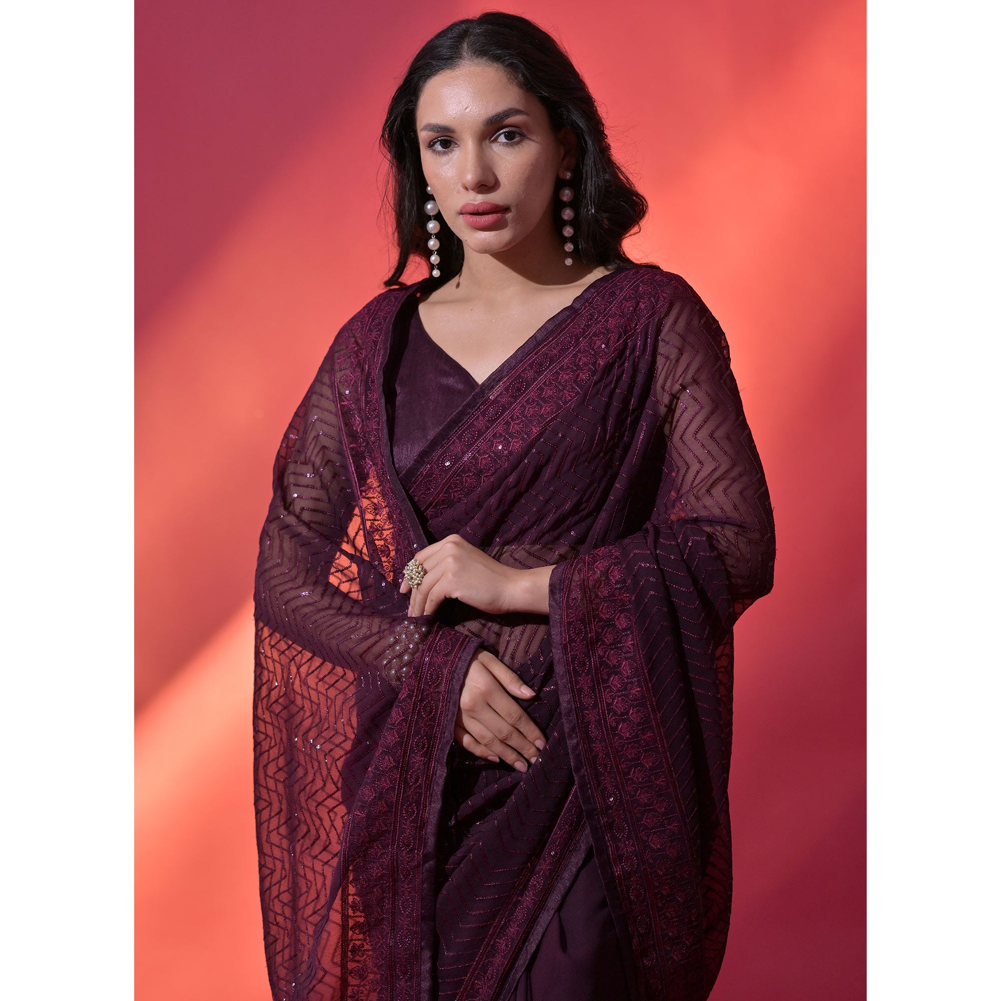 Wine Sequins Embroidered Georgette Saree