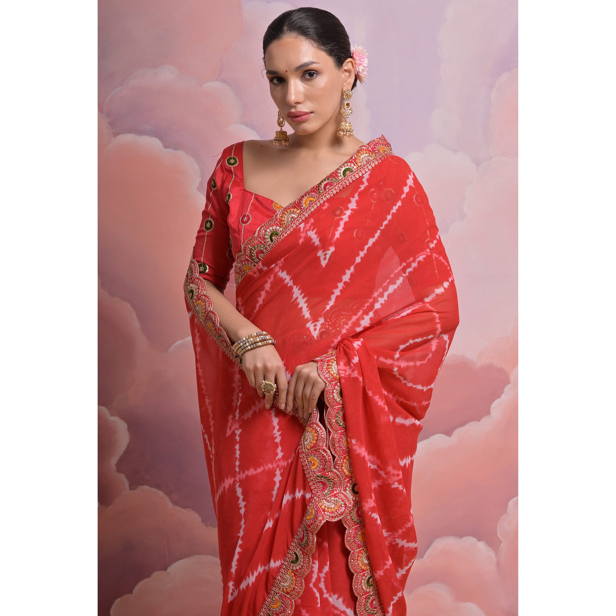 Red  Printed With Embroidered Border Georgette Saree