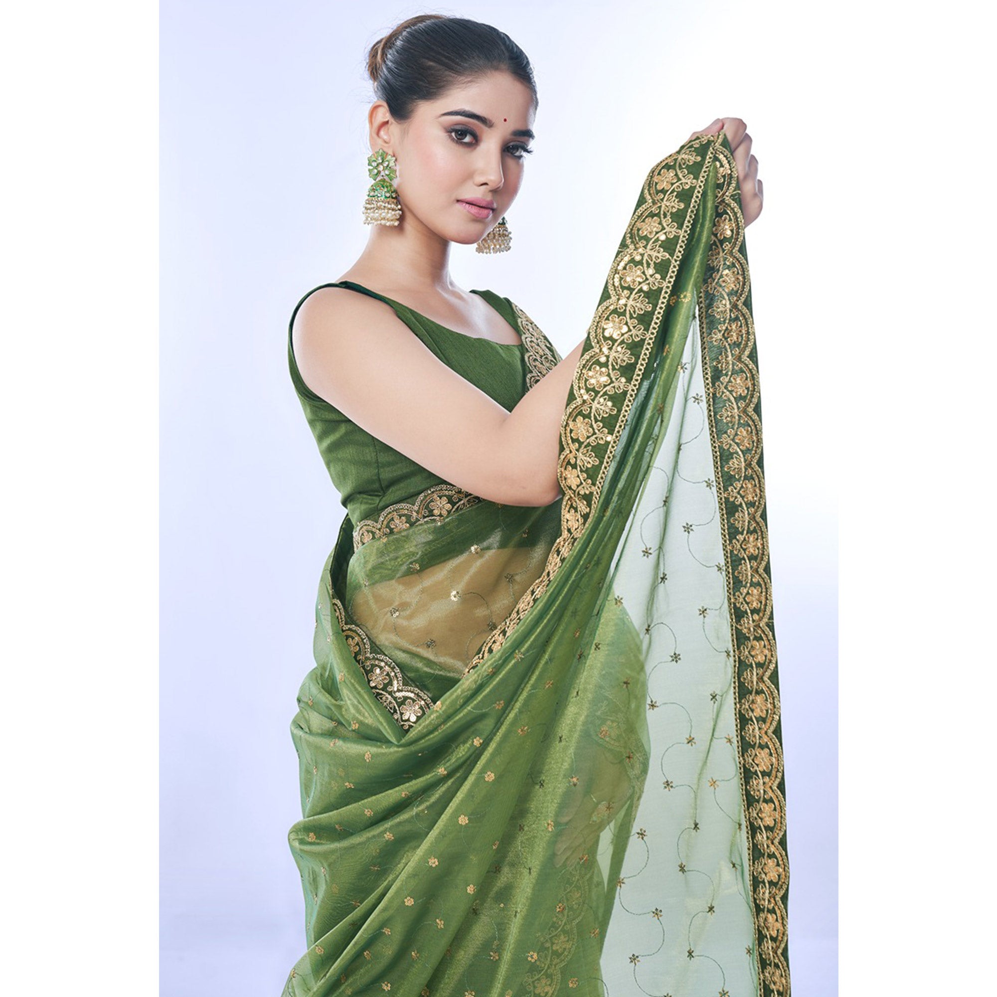 Green Sequins Embroidered Net Saree