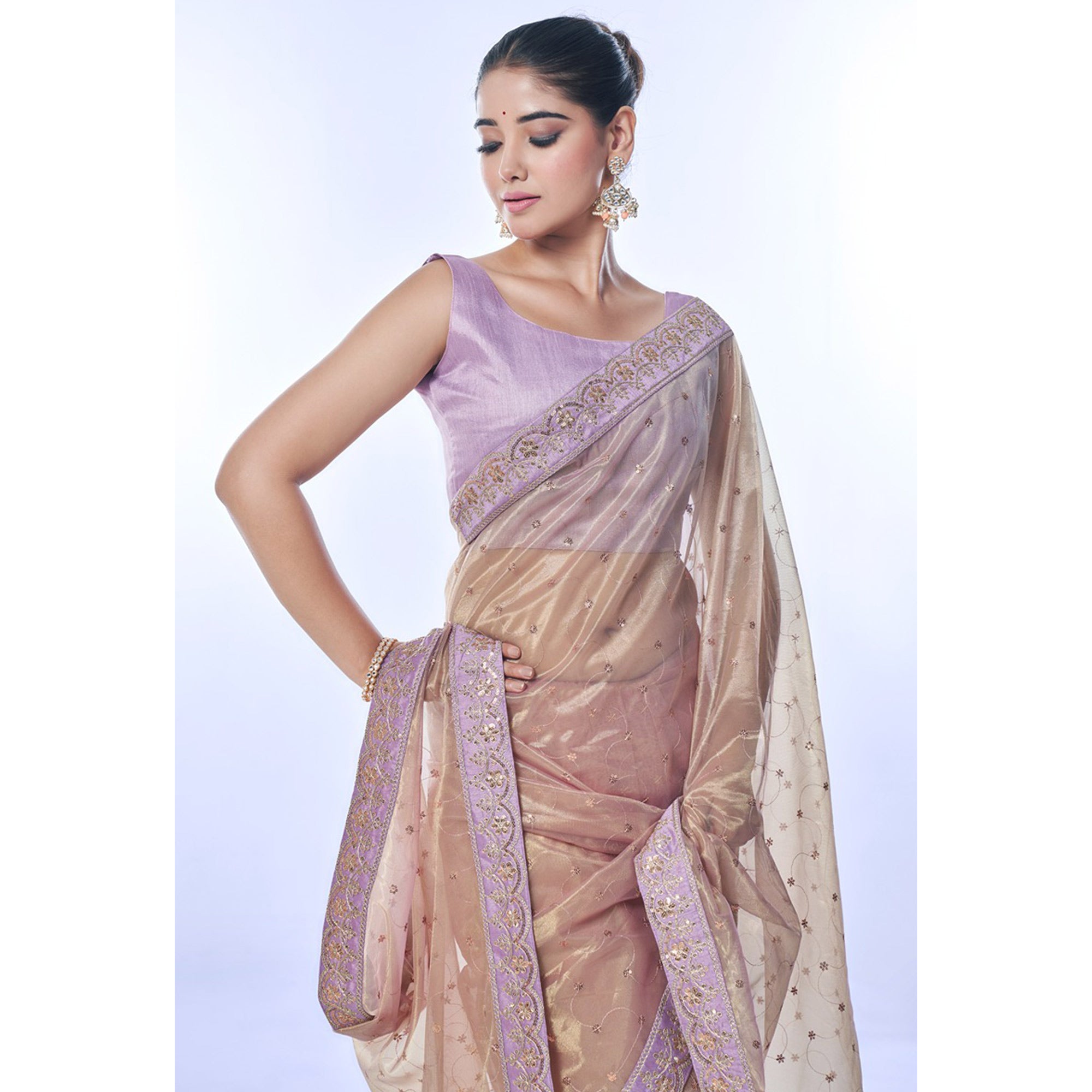 Beige Sequins Embroidered Net Saree