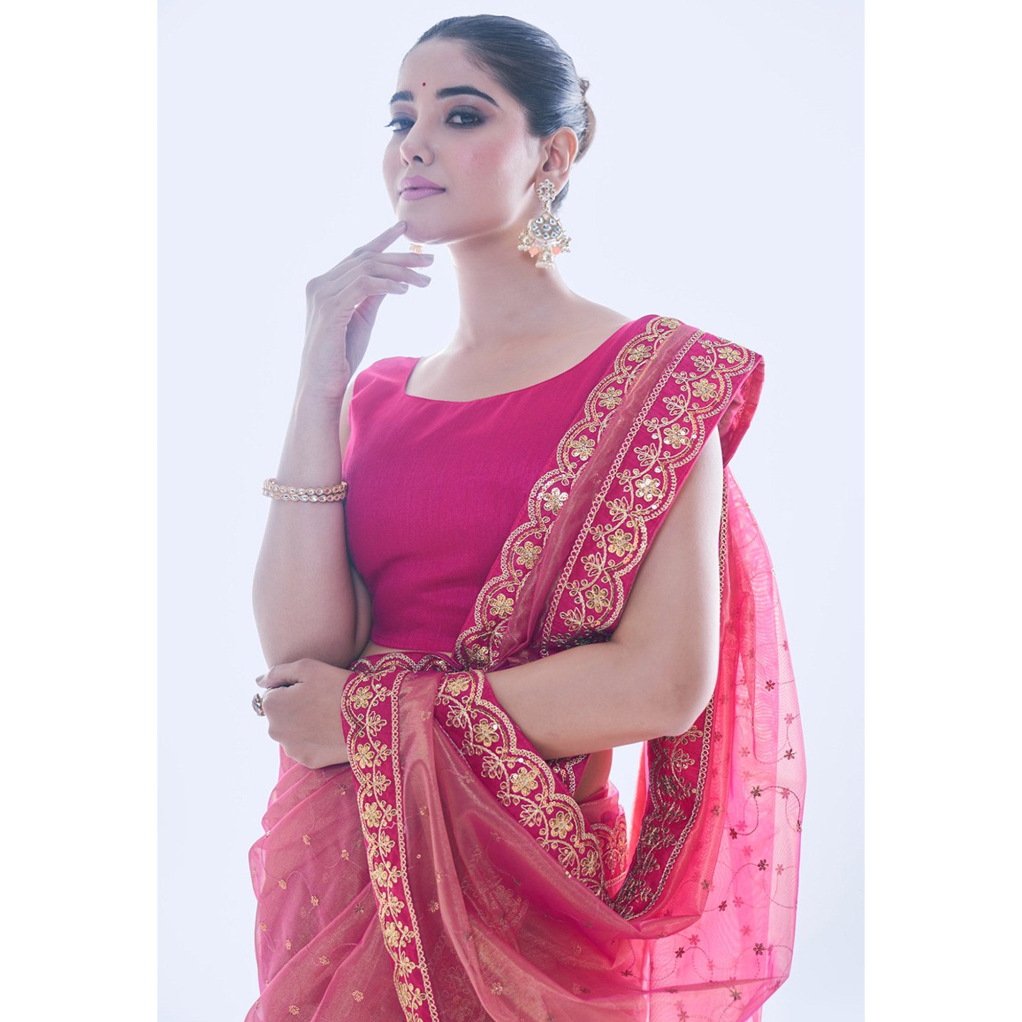 Pink Sequins Embroidered Net Saree