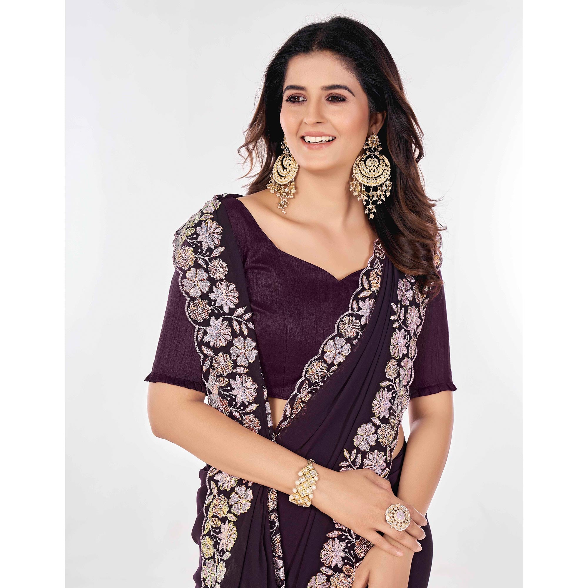 Wine Sequins Embroidered Georgette Saree
