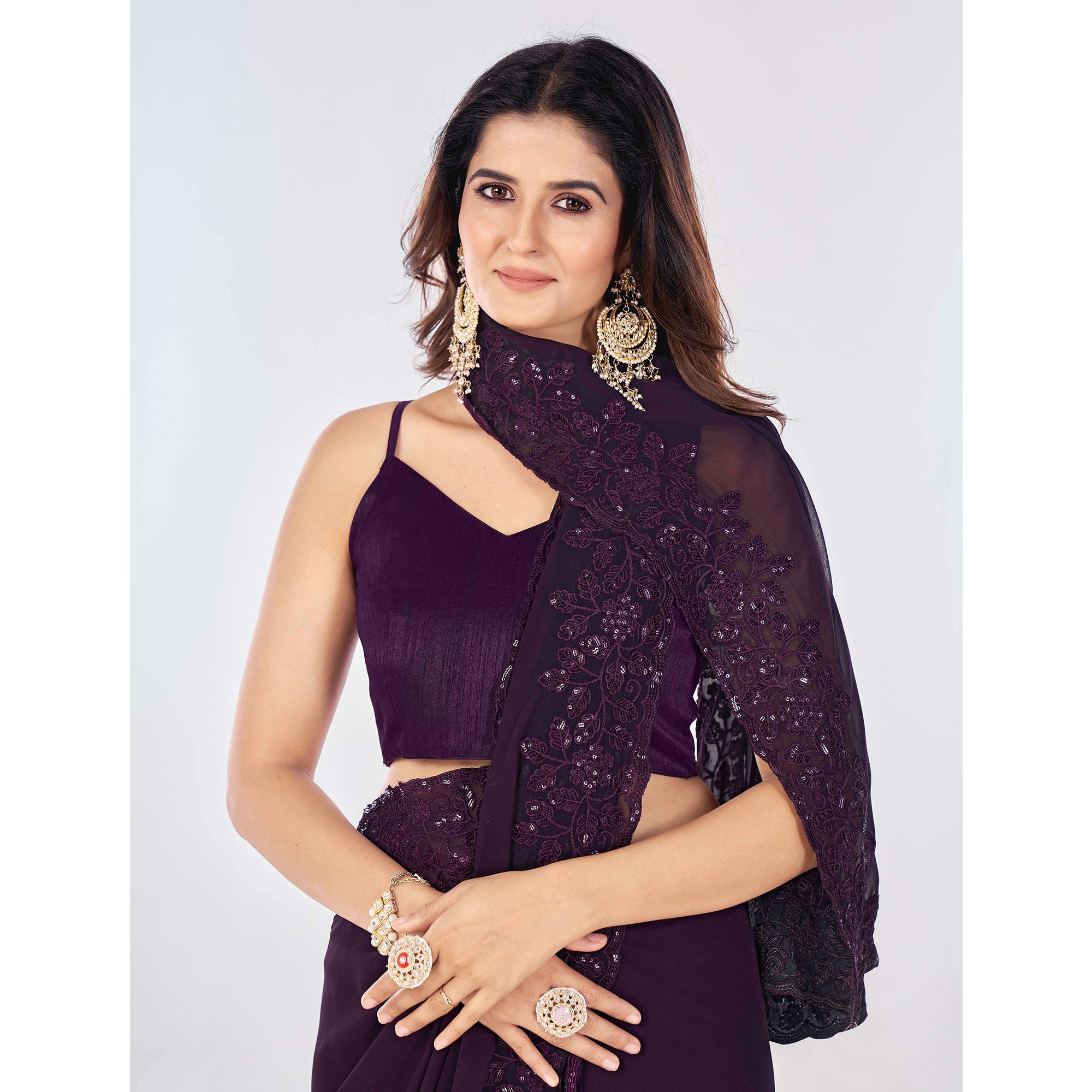Wine Sequins Embroidered Georgette Saree