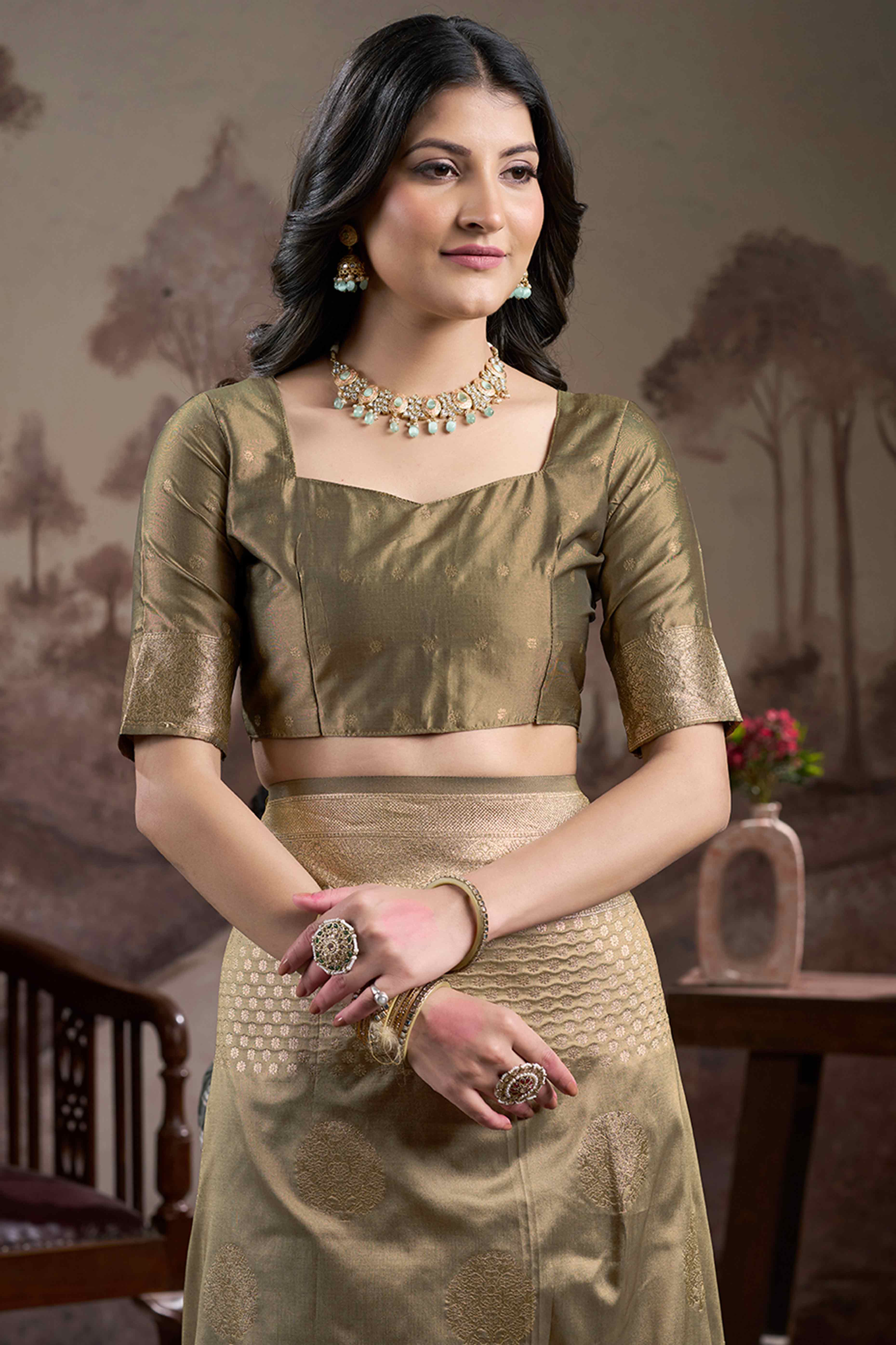 Chikoo Floral Woven Jacquard Silk Saree