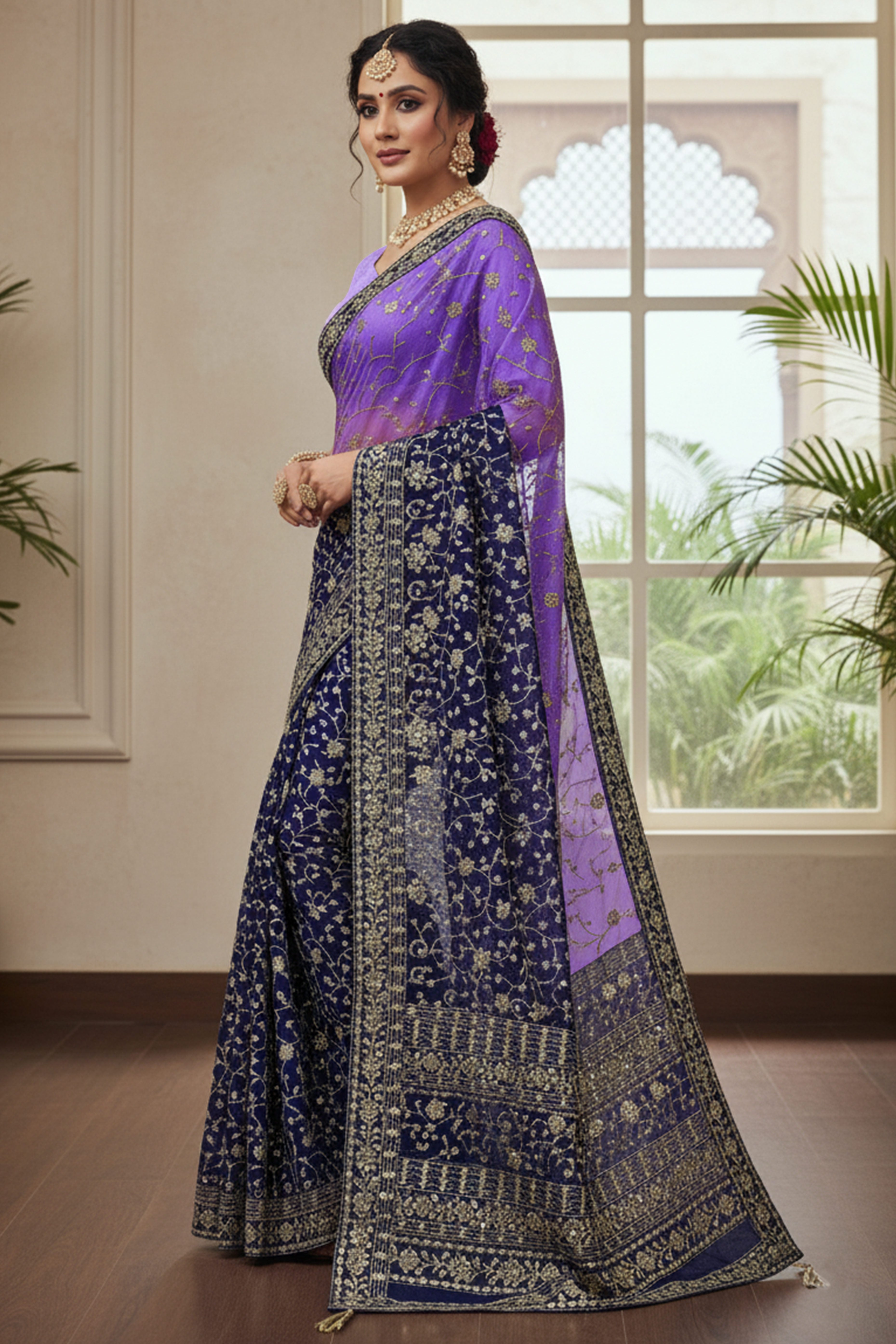 Beautiful Lavender Partywear Saree Crafted in Georgette with Sequins and Thread Work