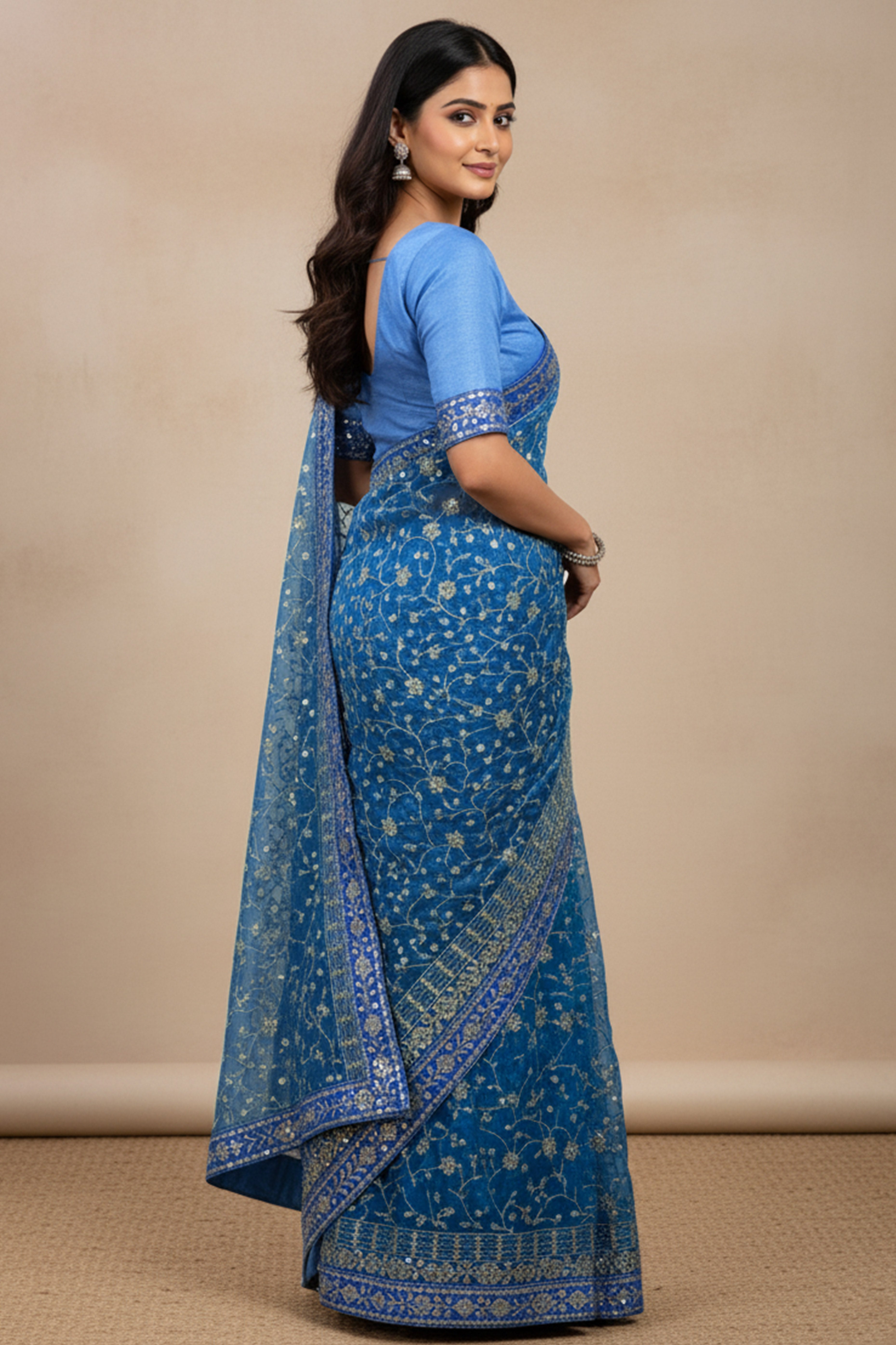 Beautiful Sky Blue Partywear Saree Crafted in Georgette with Sequins and Thread Work
