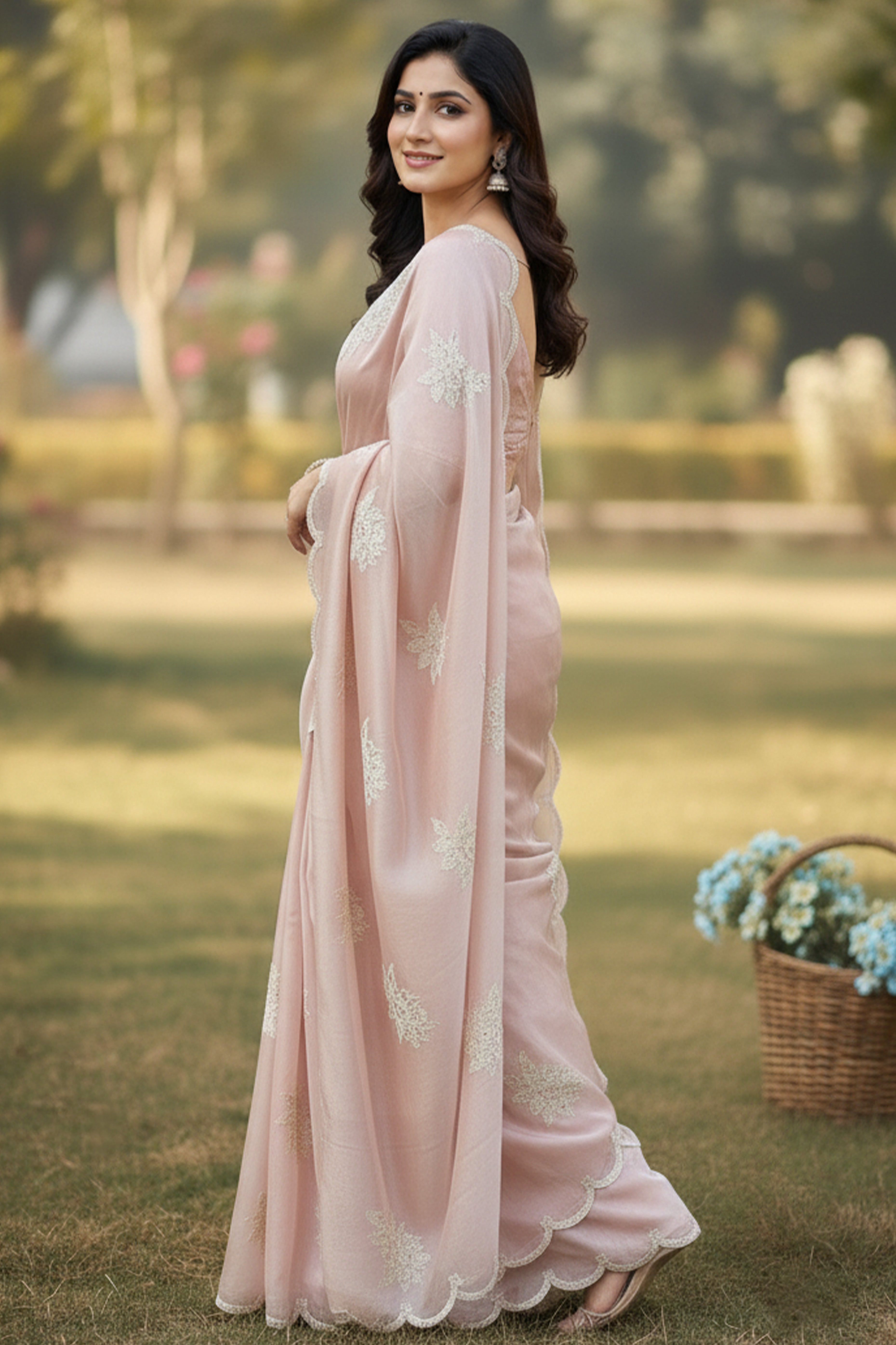 Captivating Pink Floral Thread Embroidered Jimmy Choo Satin Saree With Gleaming Sequins Work
