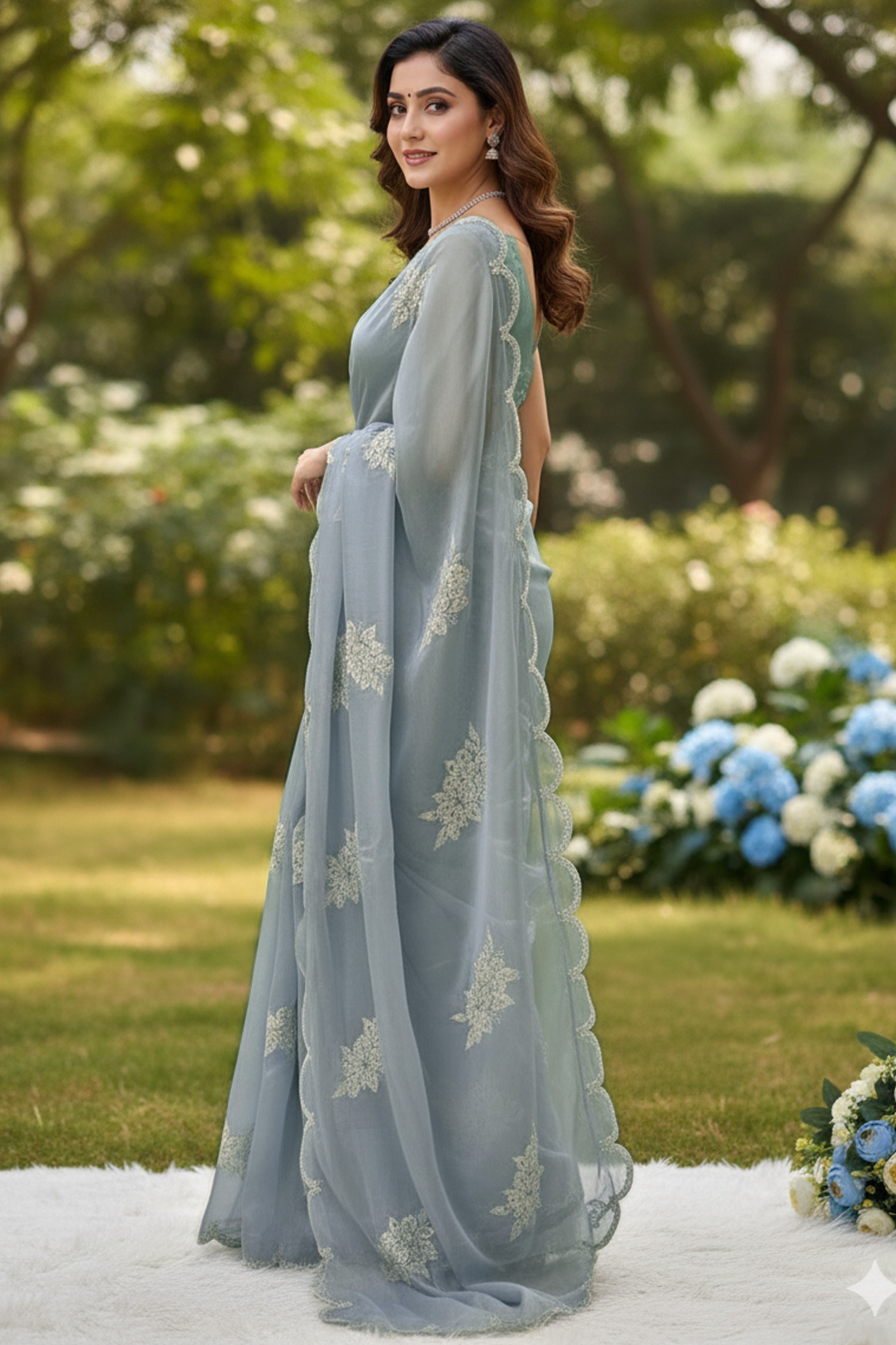 Captivating Sky Blue Floral Thread Embroidered Jimmy Choo Satin Saree With Gleaming Sequins Work