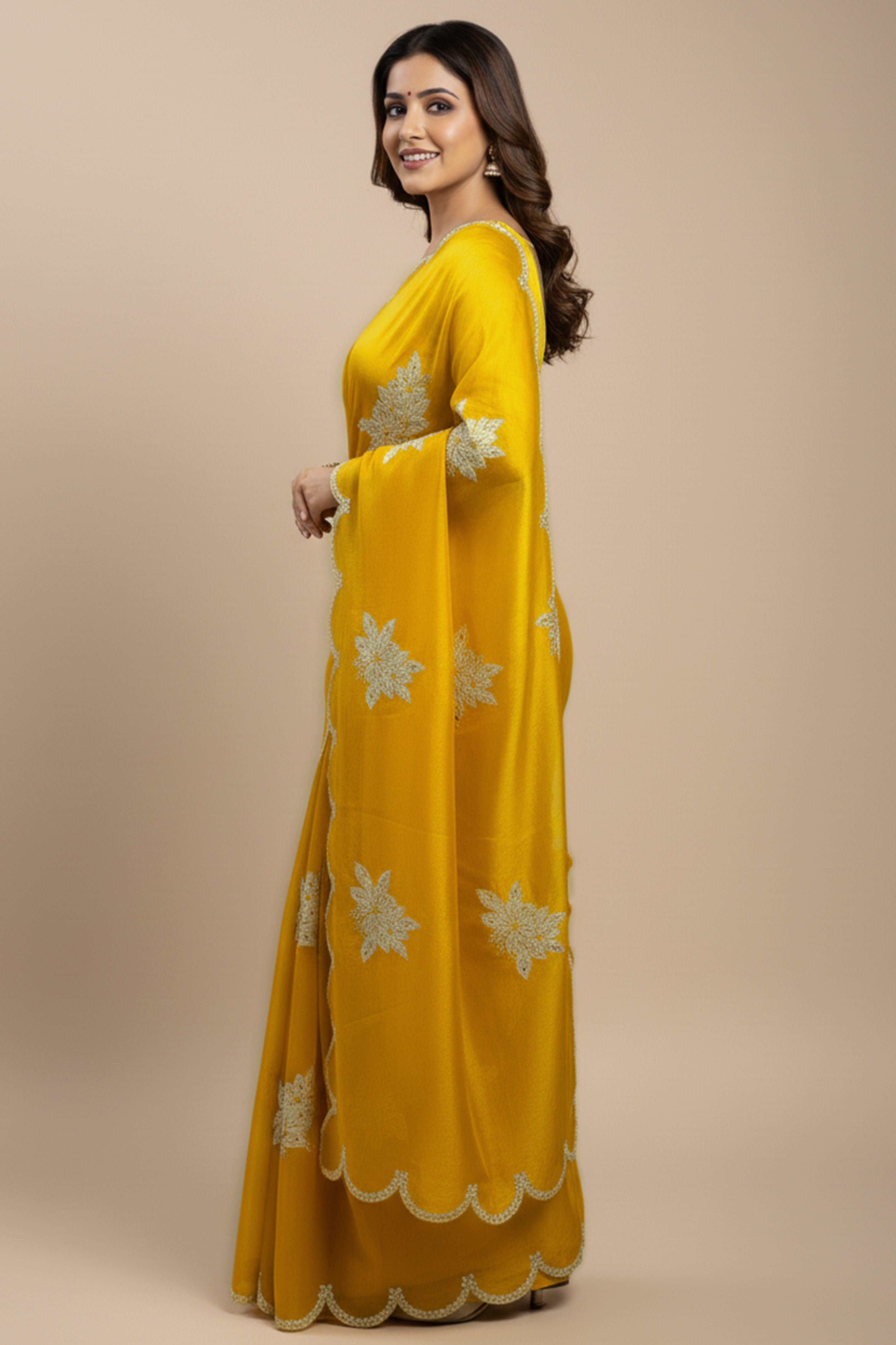 Captivating Yellow Floral Thread Embroidered Jimmy Choo Satin Saree With Gleaming Sequins Work