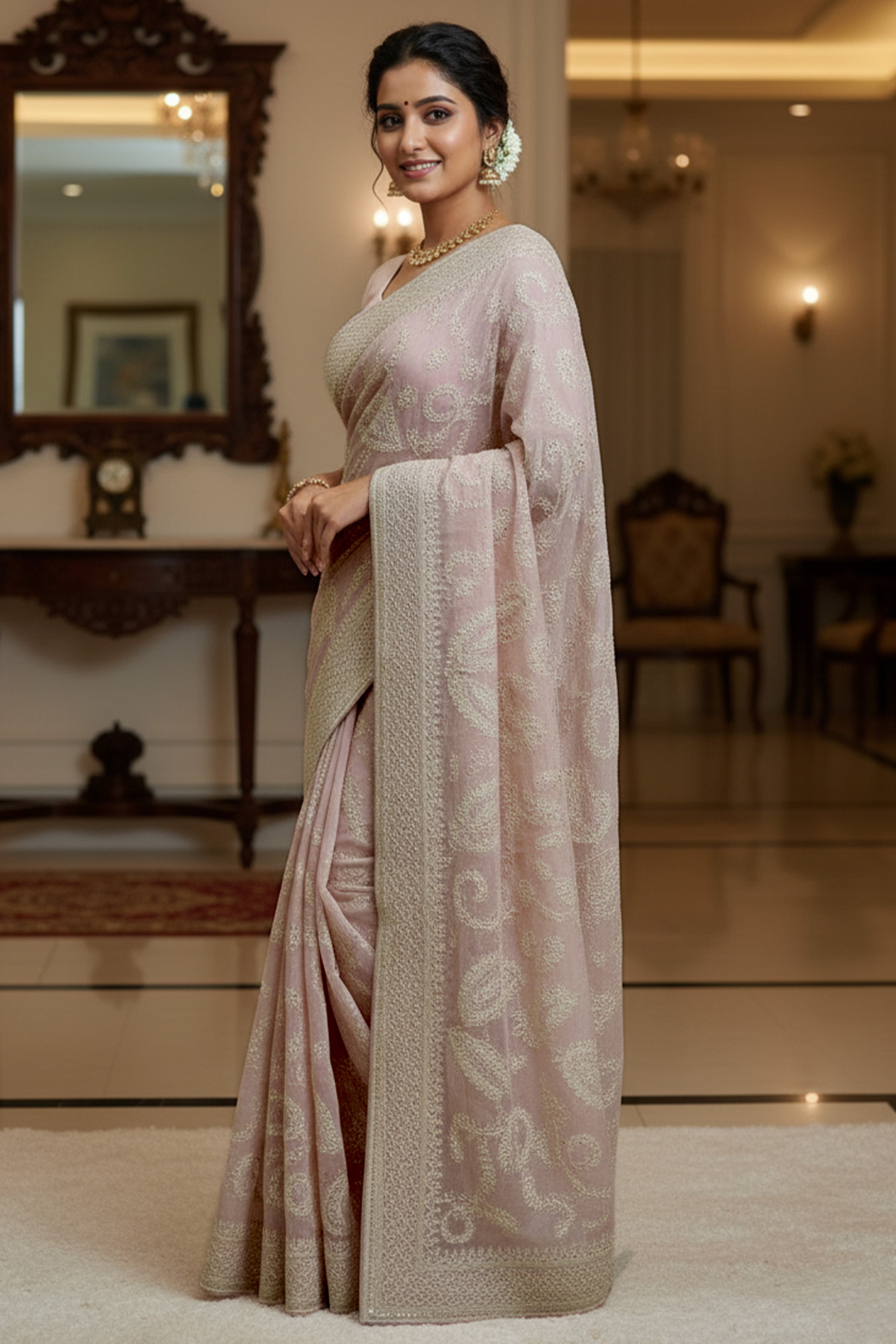 Lustrous Pink Organza Silk Saree Beautified With Paisley Embroidery & Glittering Sequins Work