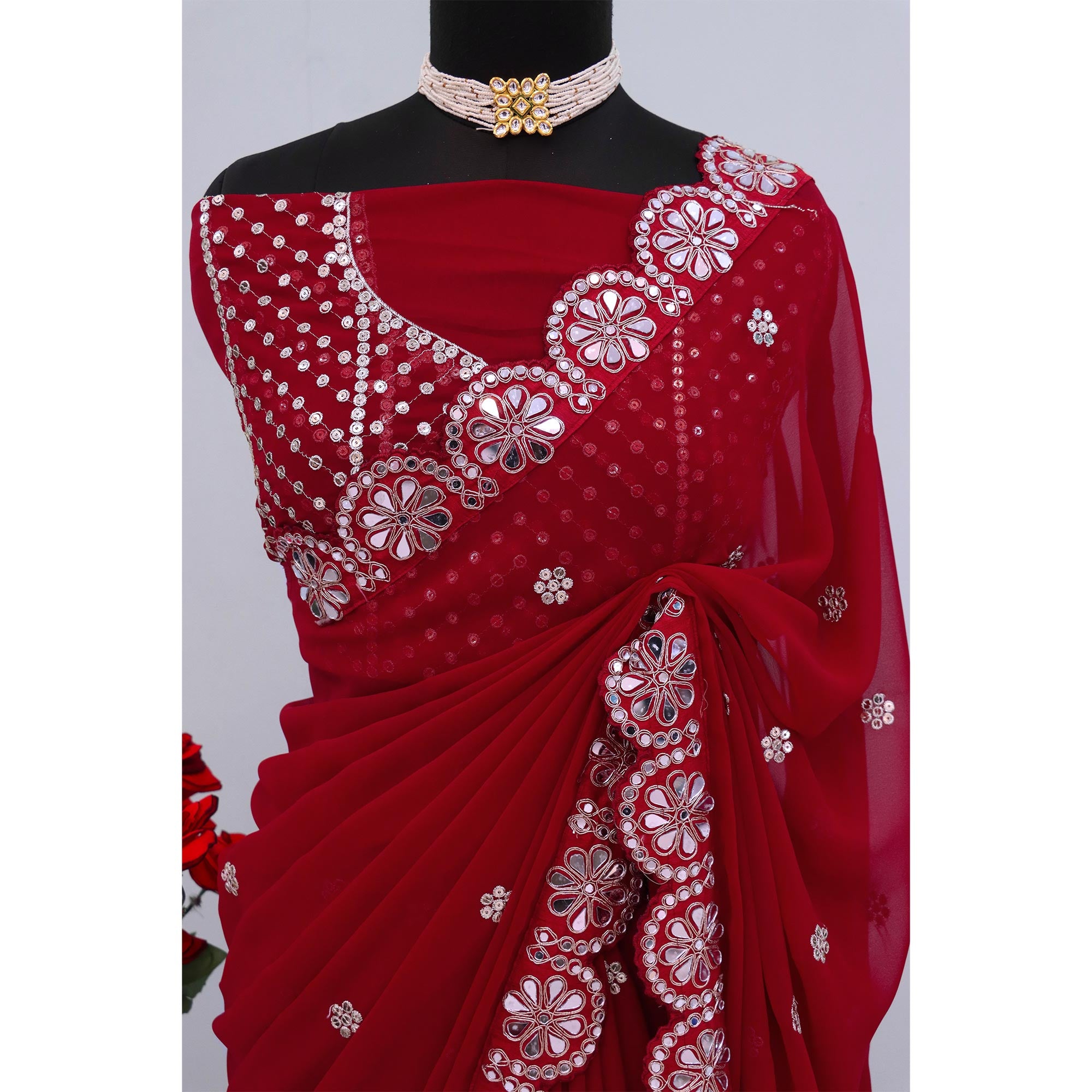 Red Sequins Embellished Georgette Saree with Glamorous Party-Wear Finish