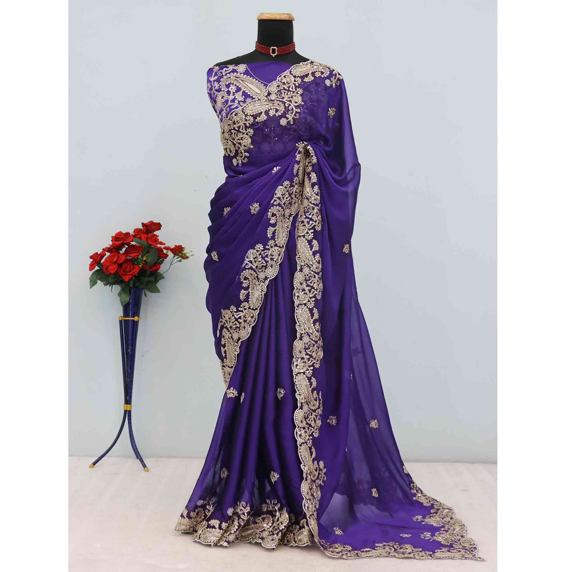 Violet Silk-Blend Saree Featuring Delicate Embroidery and Shimmering Sequins Work
