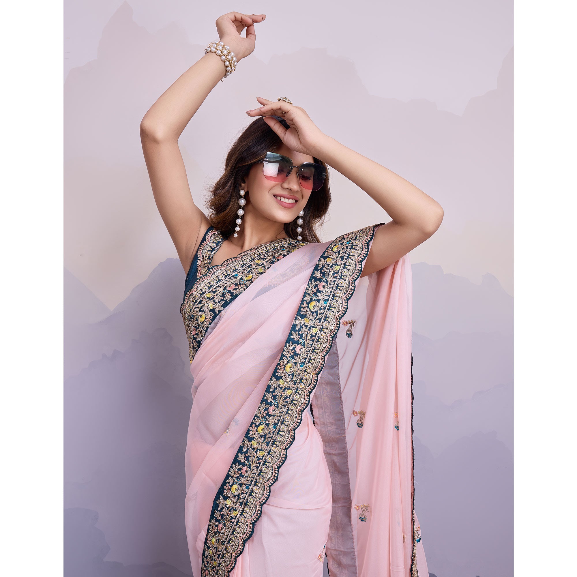 Light Peach Floral Sequins Embroidered Organza Saree With Lace Border