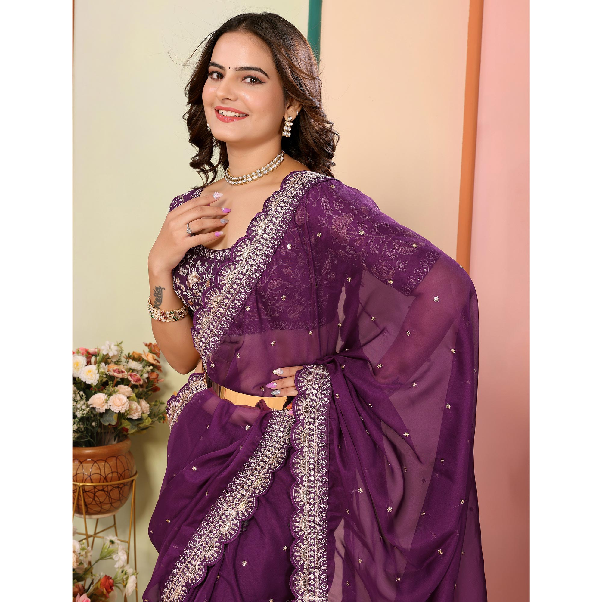 Purple Sequins Embroidered Embroidered Organza Saree