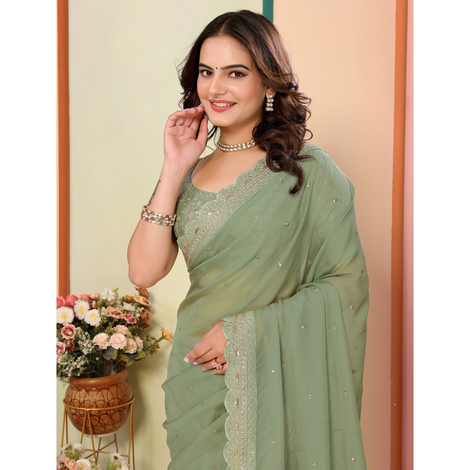 Green Sequins Embroidered Embroidered Organza Saree