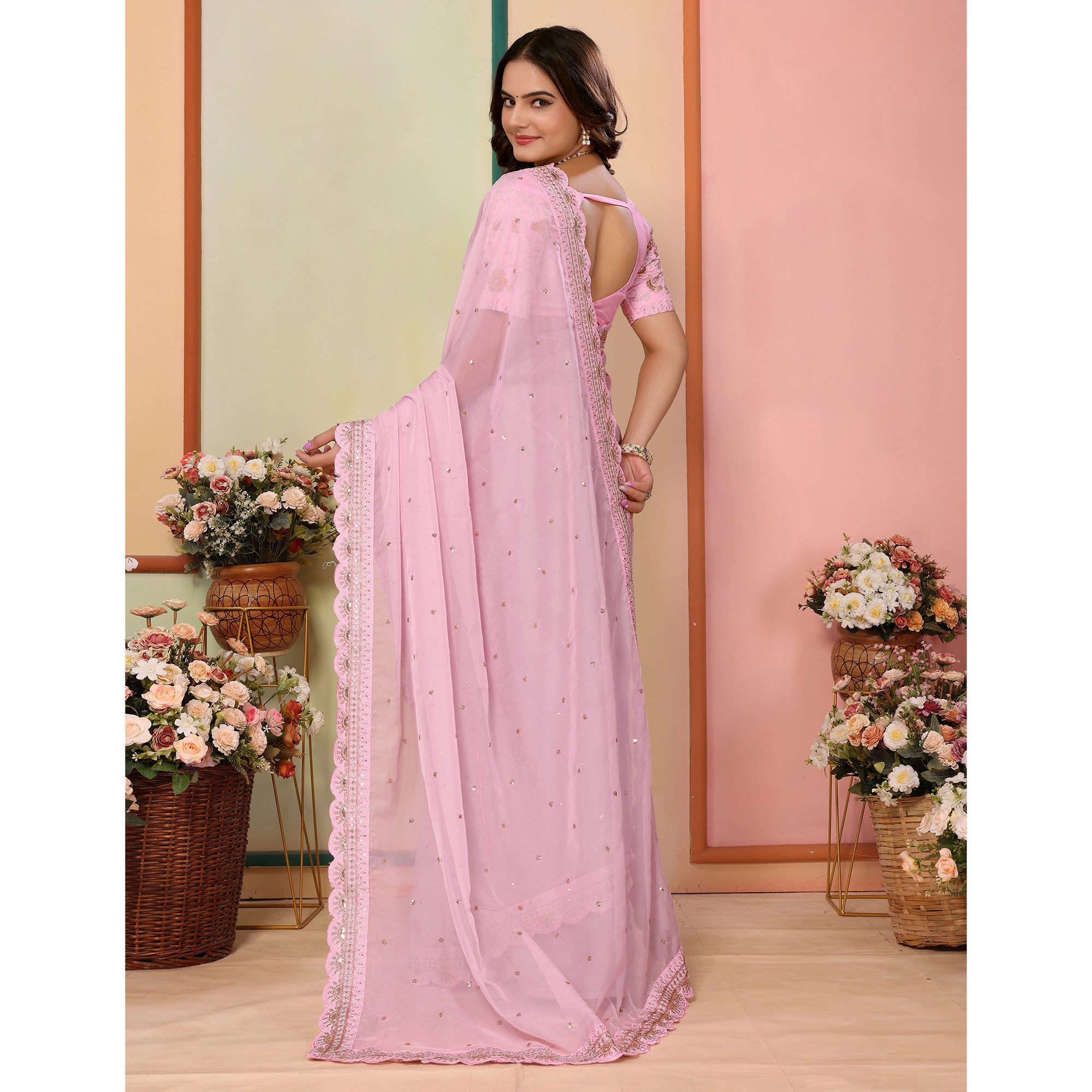 Pink Sequins Embroidered Embroidered Organza Saree