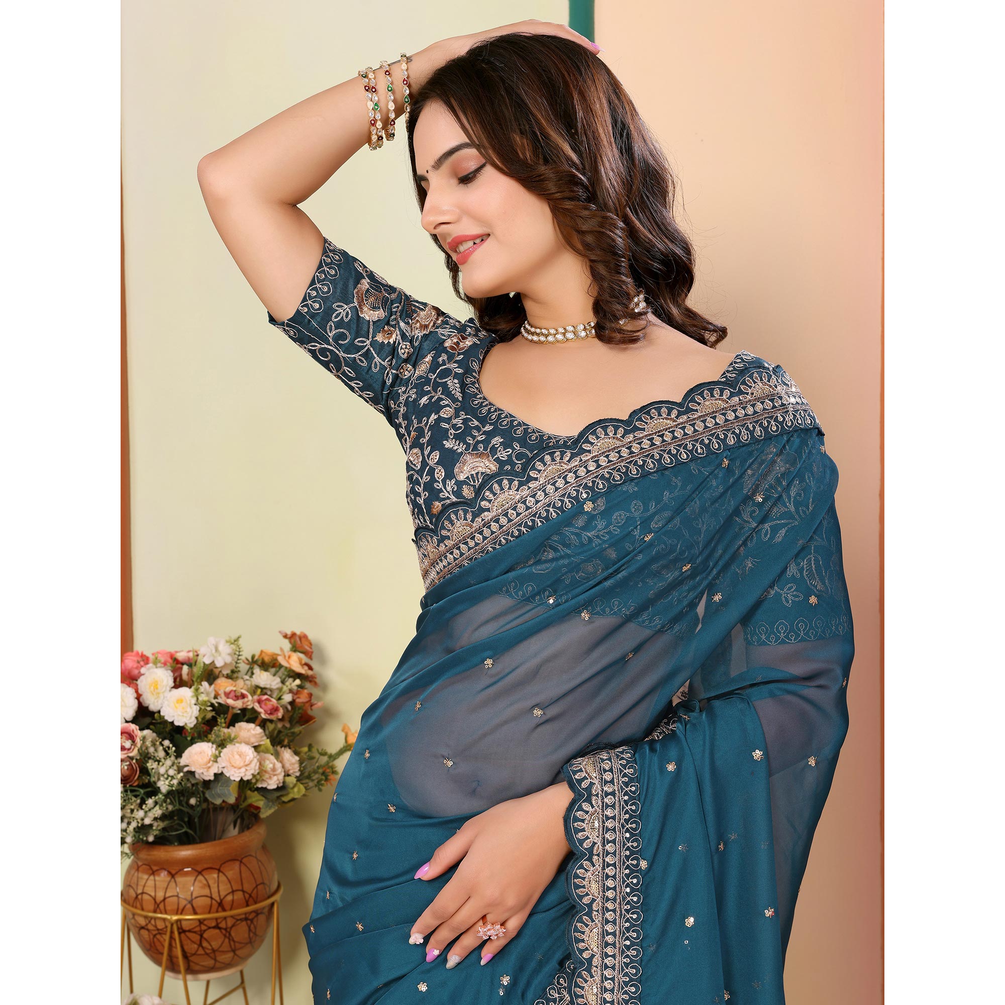 Blue Sequins Embroidered Embroidered Organza Saree