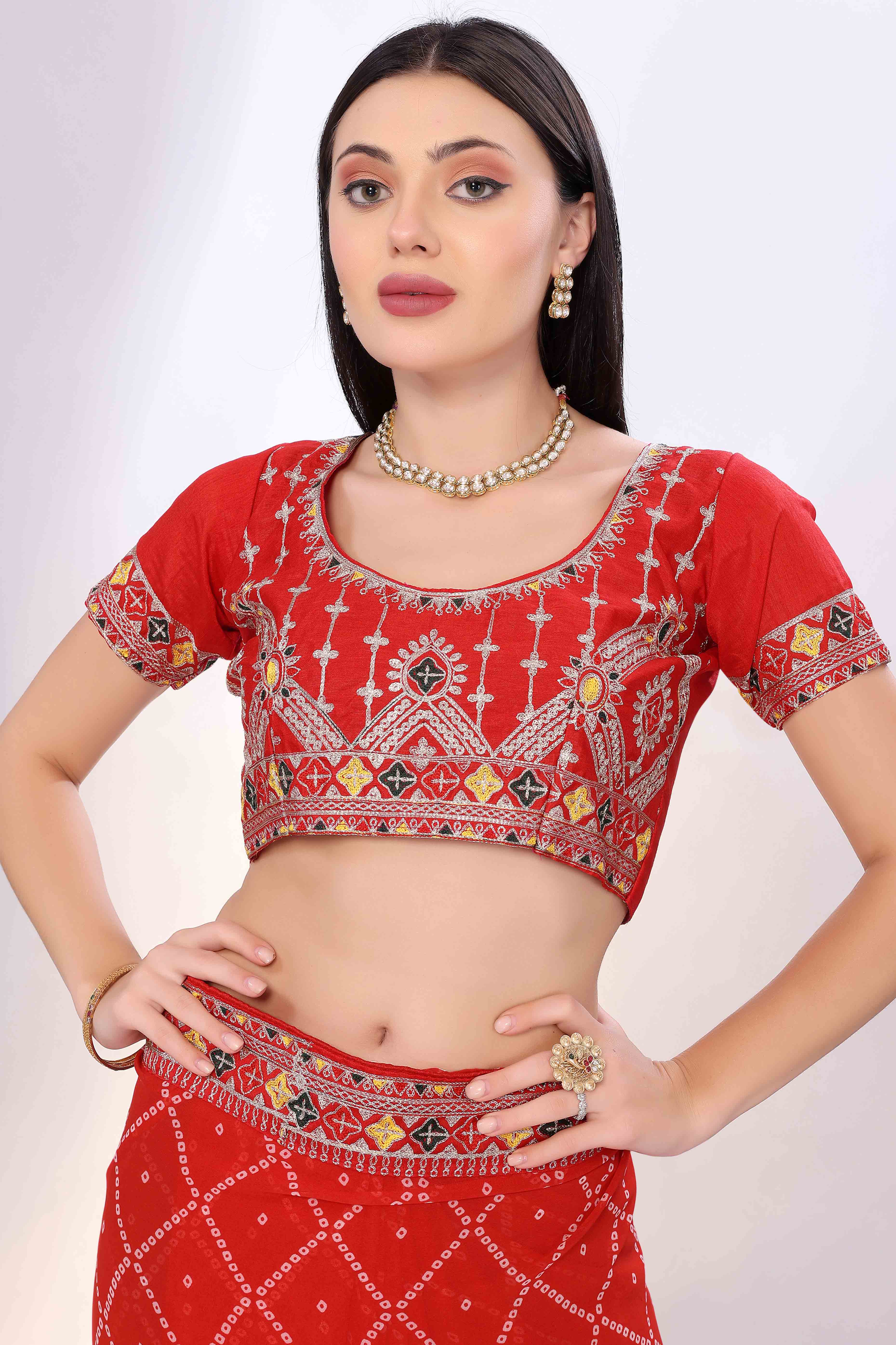 Red Bandhani Printed Georgette Saree Framed With Elegant Embroidered Border