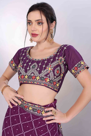 Wine Bandhani Printed Georgette Saree Framed With Elegant Embroidered Border