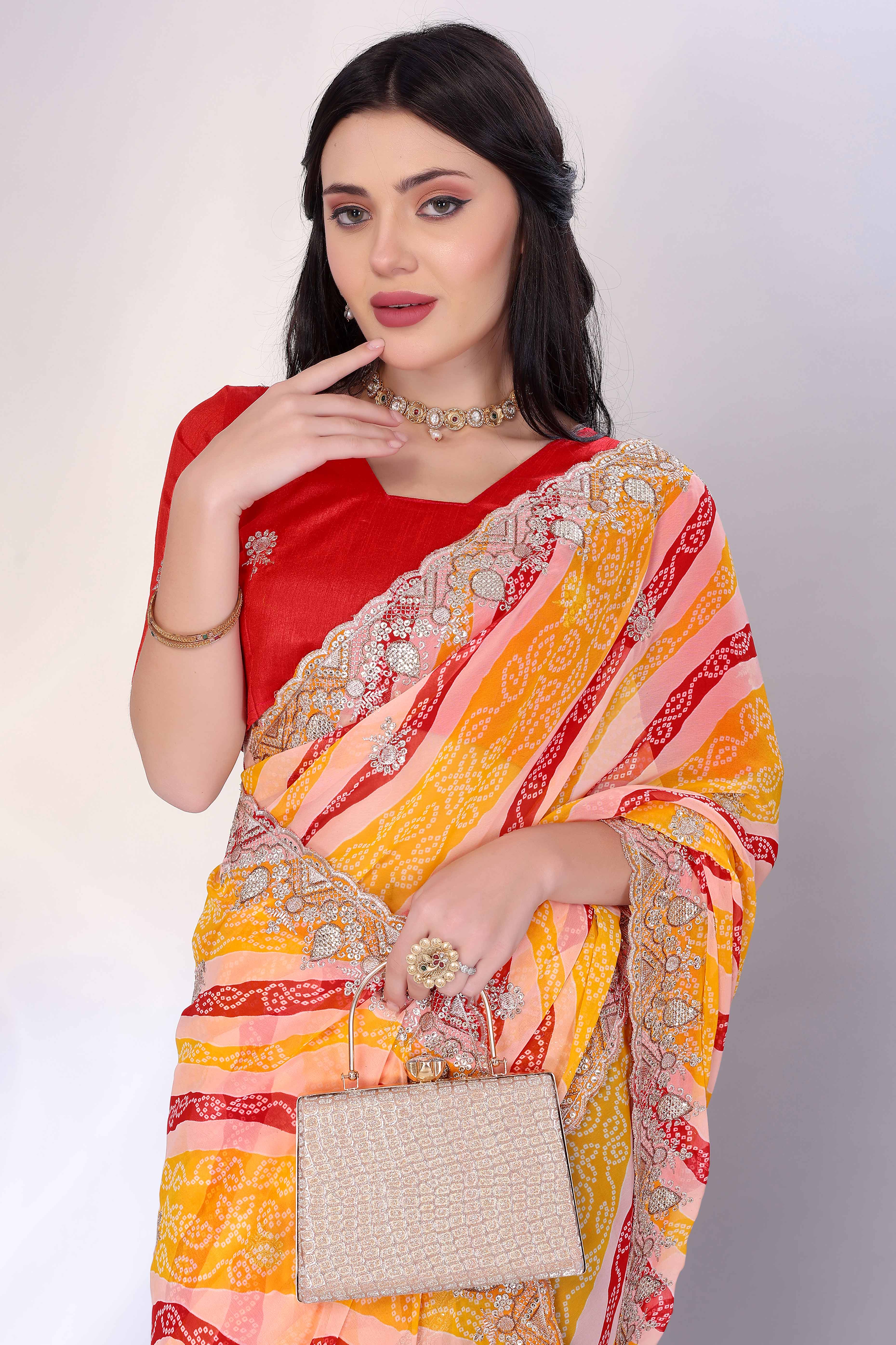 Yellow Georgette Saree Showcasing Bandhani Print & Delicate Floral Sequins Embroidery