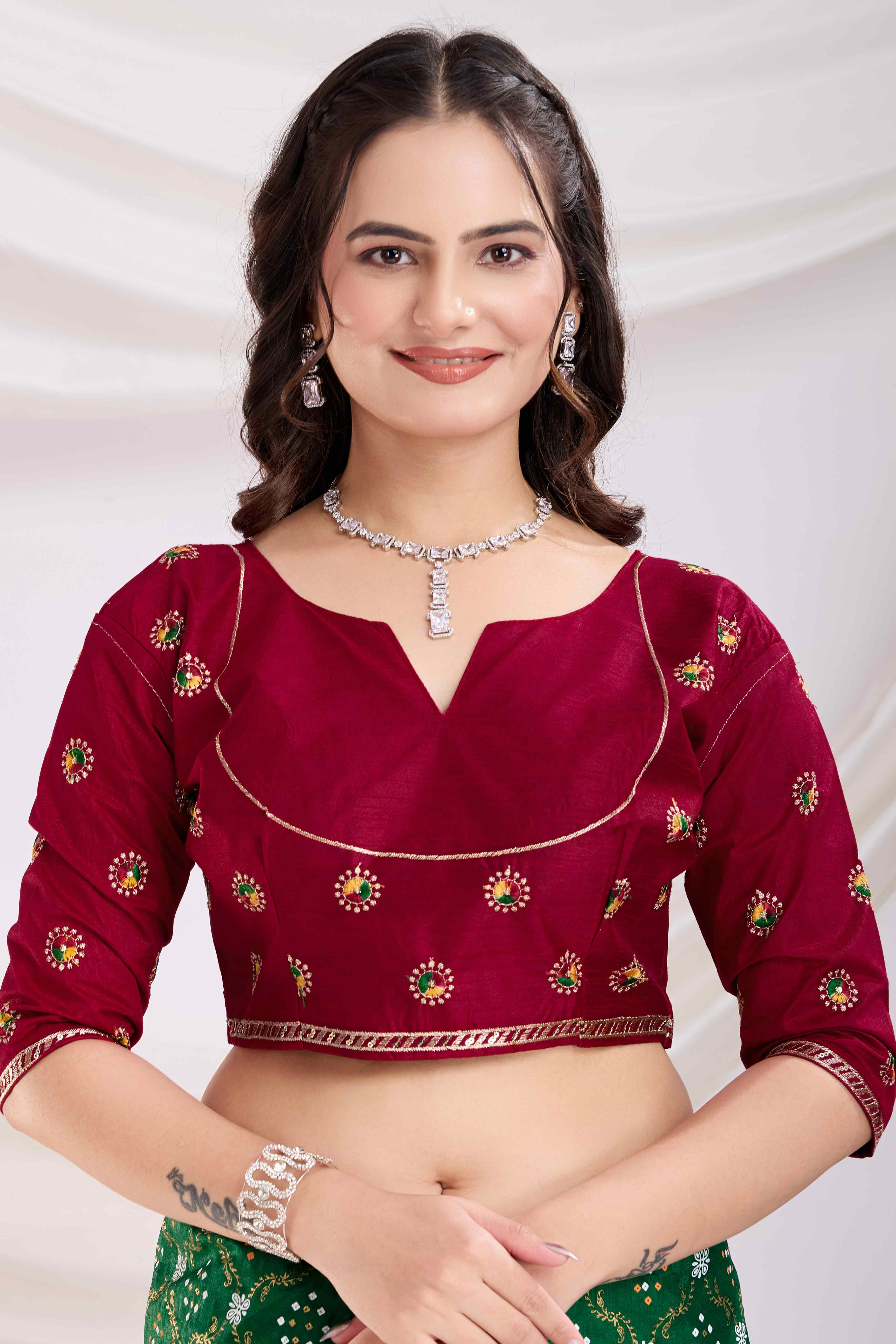 Bottle Green Bandhani Printed Vichitra Silk Saree With Embroidery Border