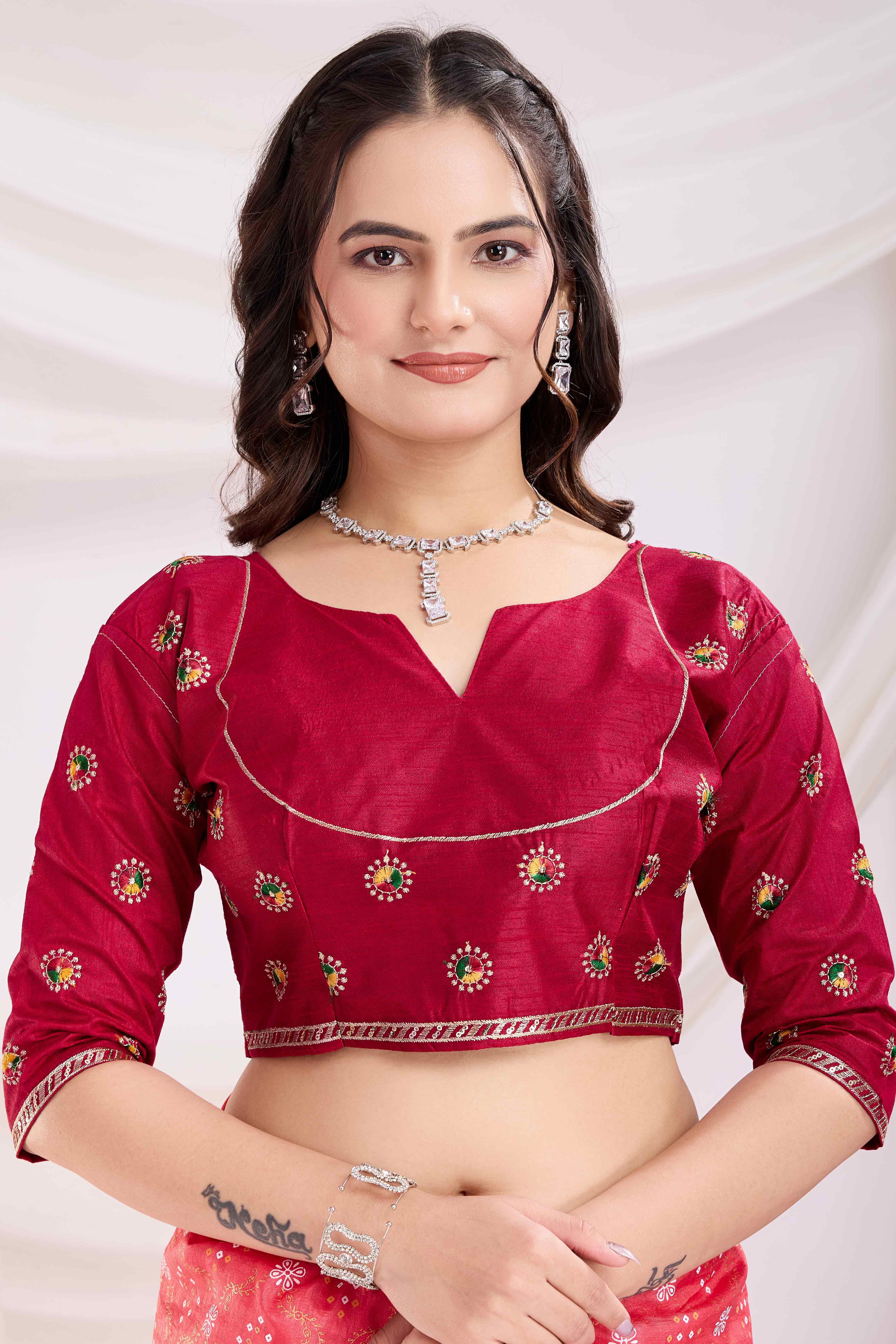 Gajari Pink Bandhani Printed Vichitra Silk Saree With Embroidery Border