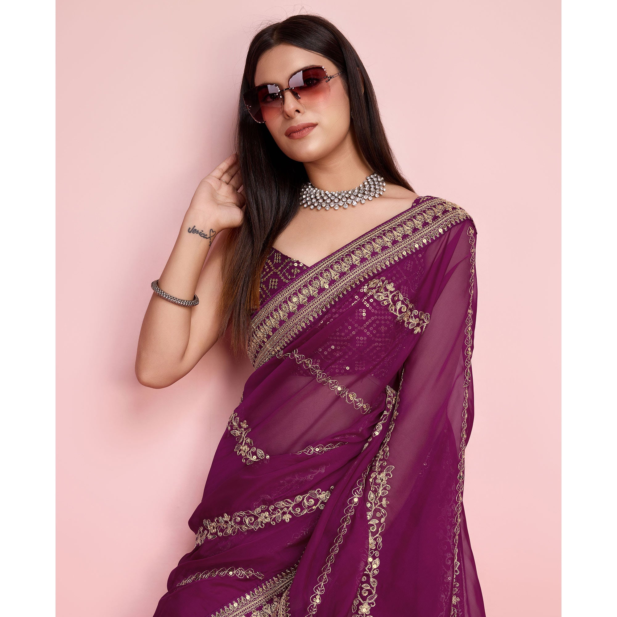 Purple Floral Sequins Embroidered Organza Saree