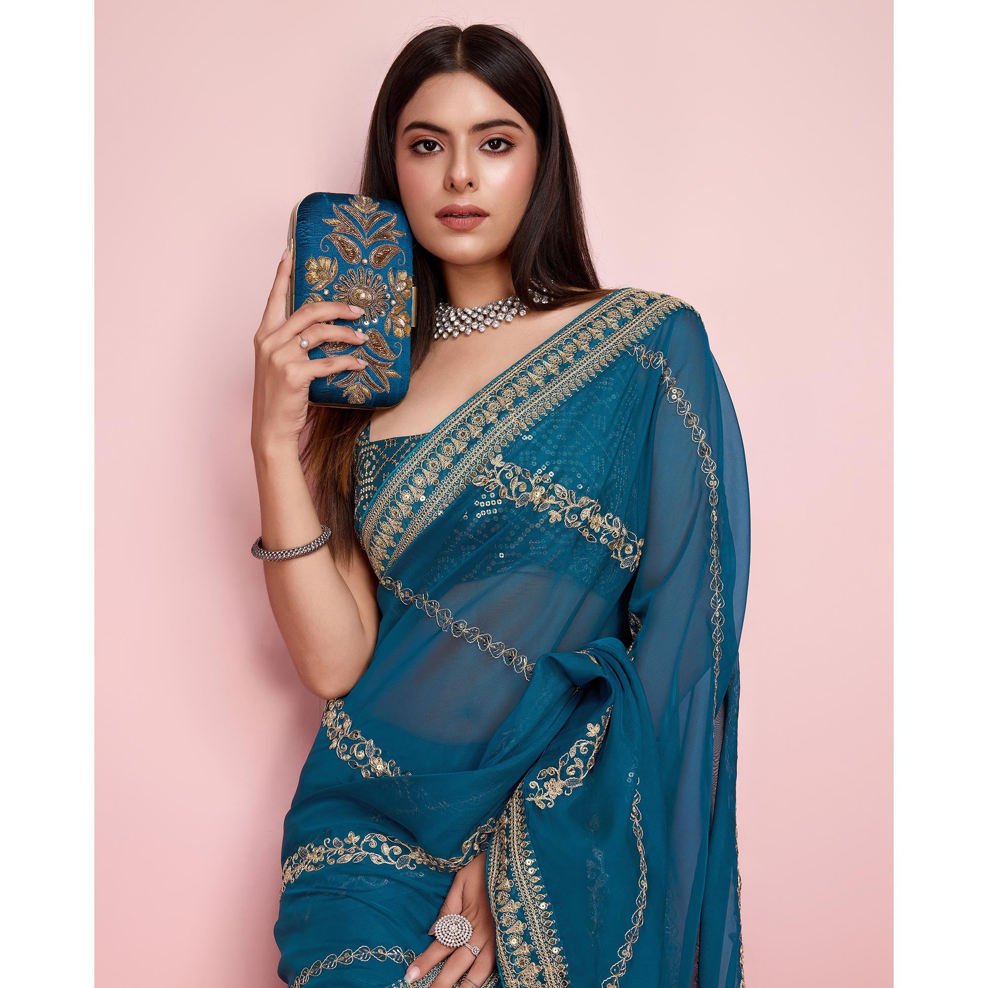 Blue Floral Sequins Embroidered Organza Saree