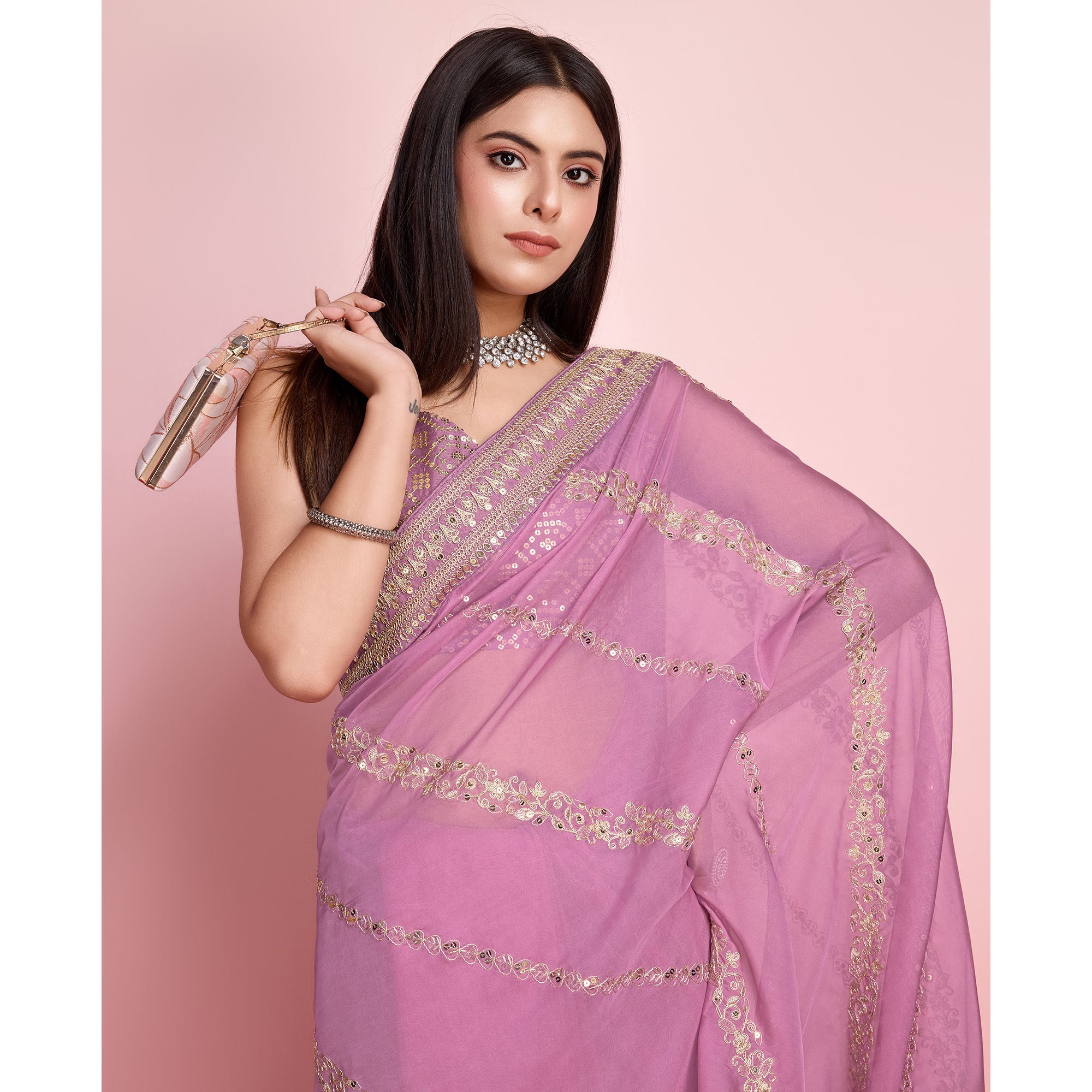 Pink Floral Sequins Embroidered Organza Saree