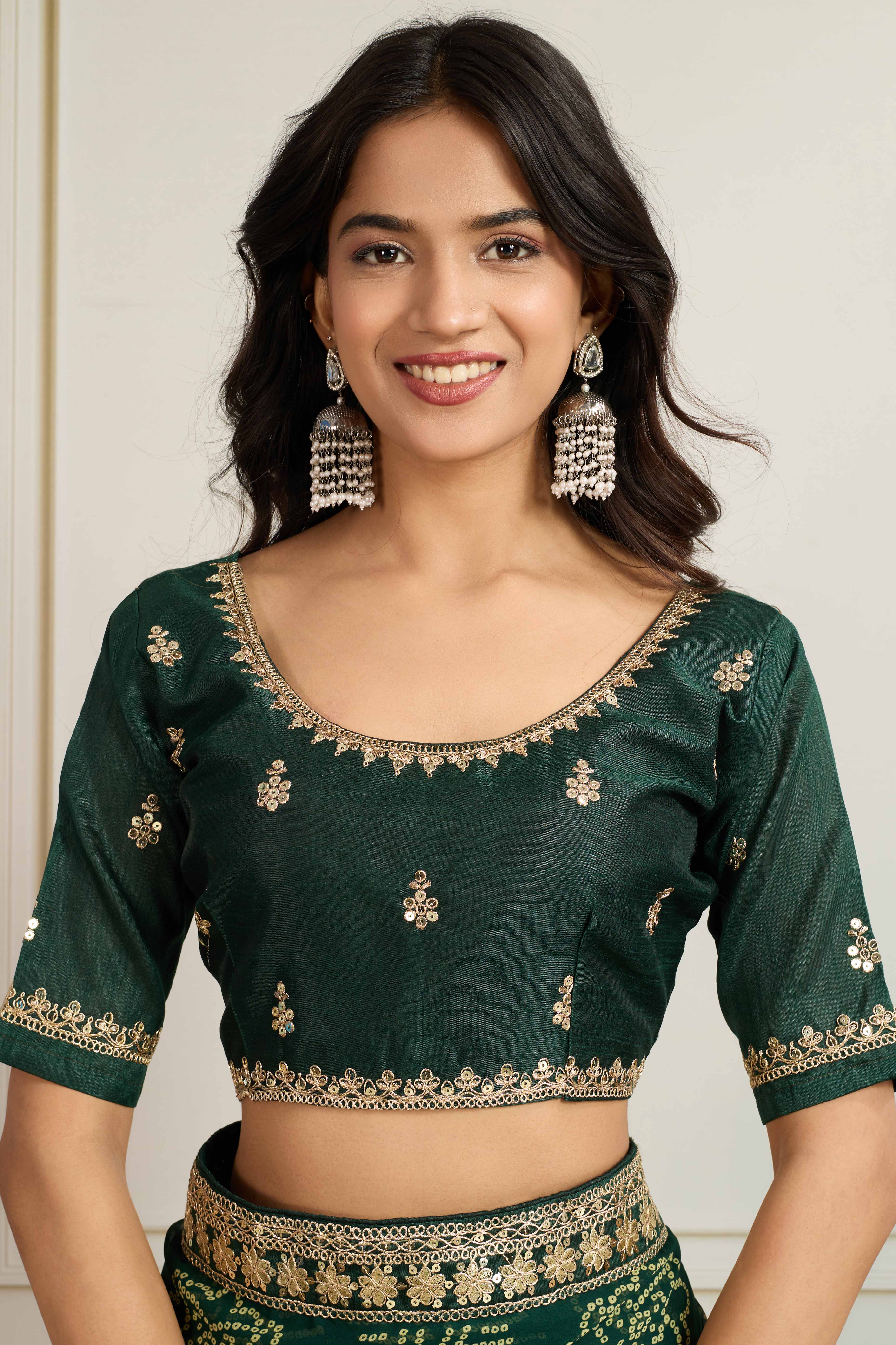 Dark Green Bandhani Digital Printed Georgette Saree Enhanced With Cording Embroidered Border