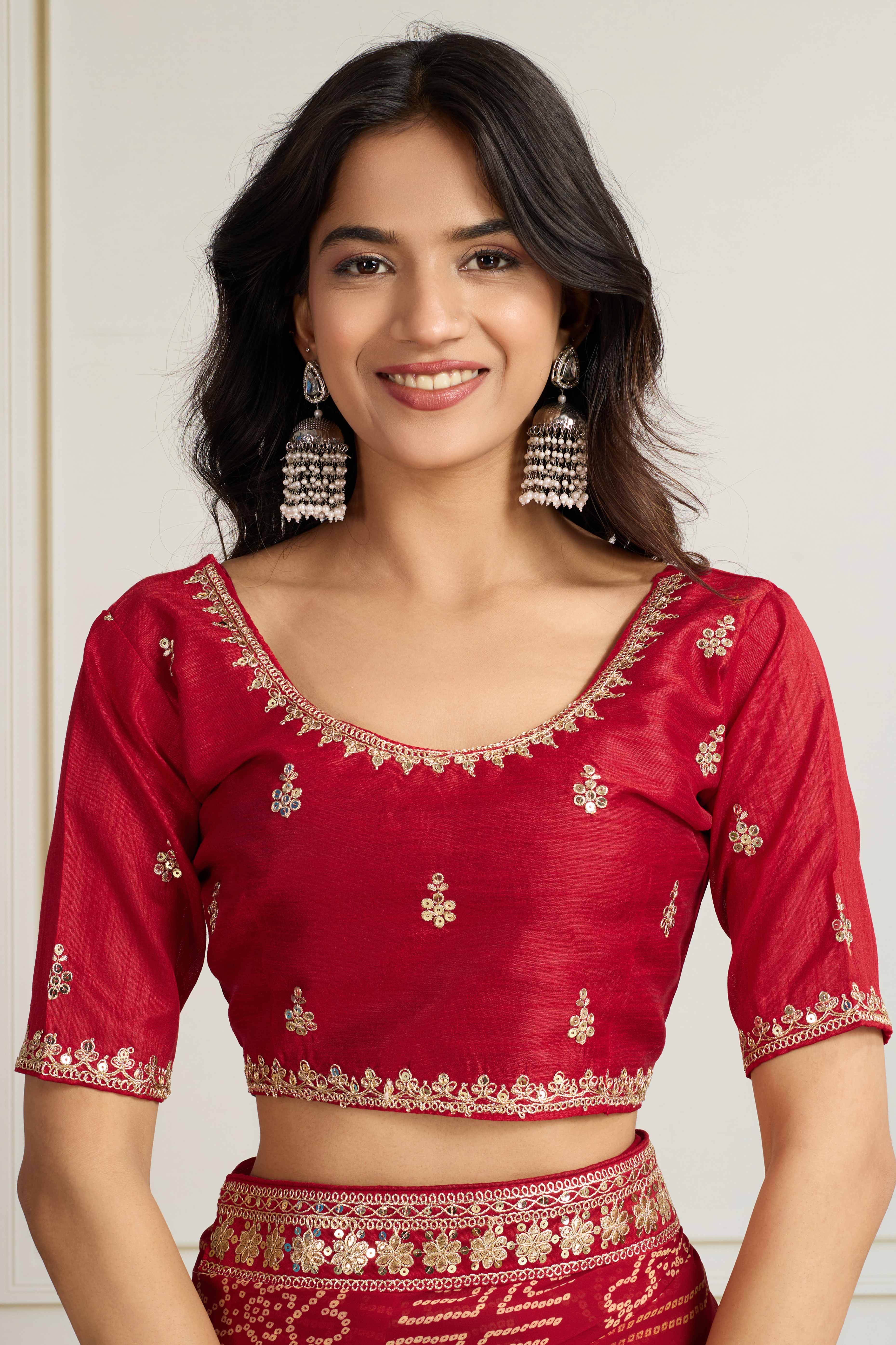 Red Bandhani Digital Printed Georgette Saree Enhanced With Cording Embroidered Border