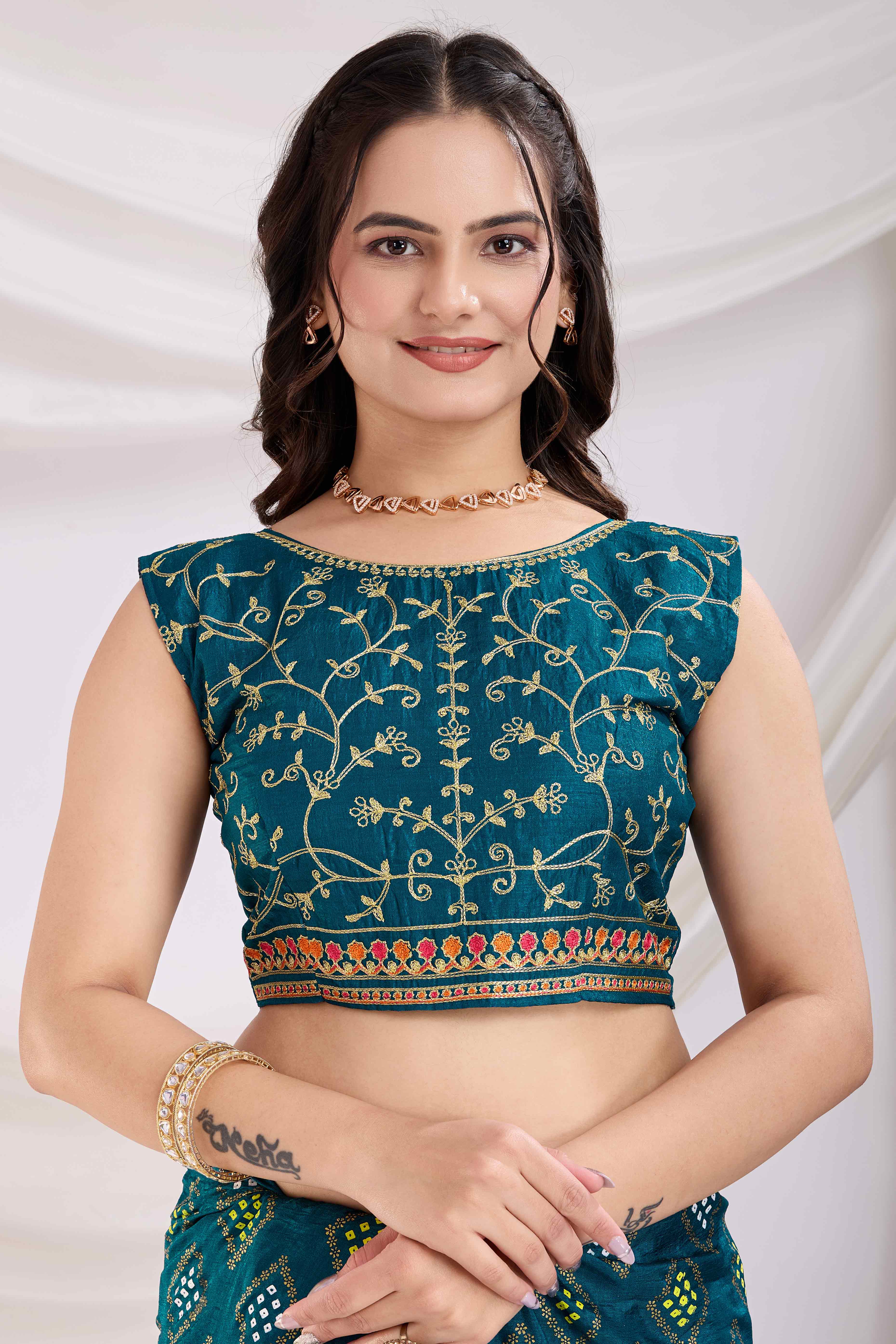 Teal Bandhani Printed Vichitra Silk Saree With Embroidery Border