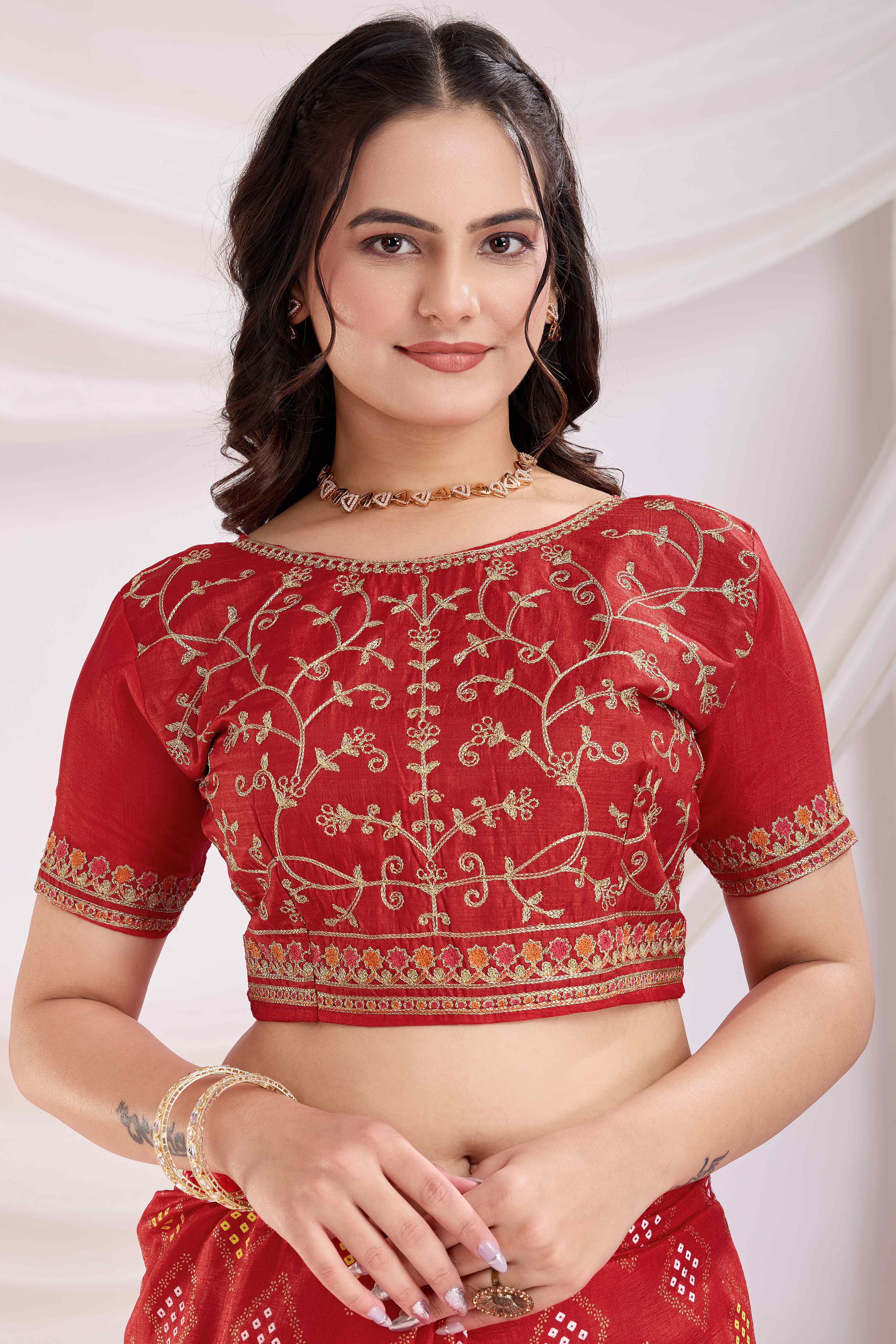 Red Bandhani Printed Vichitra Silk Saree With Embroidery Border