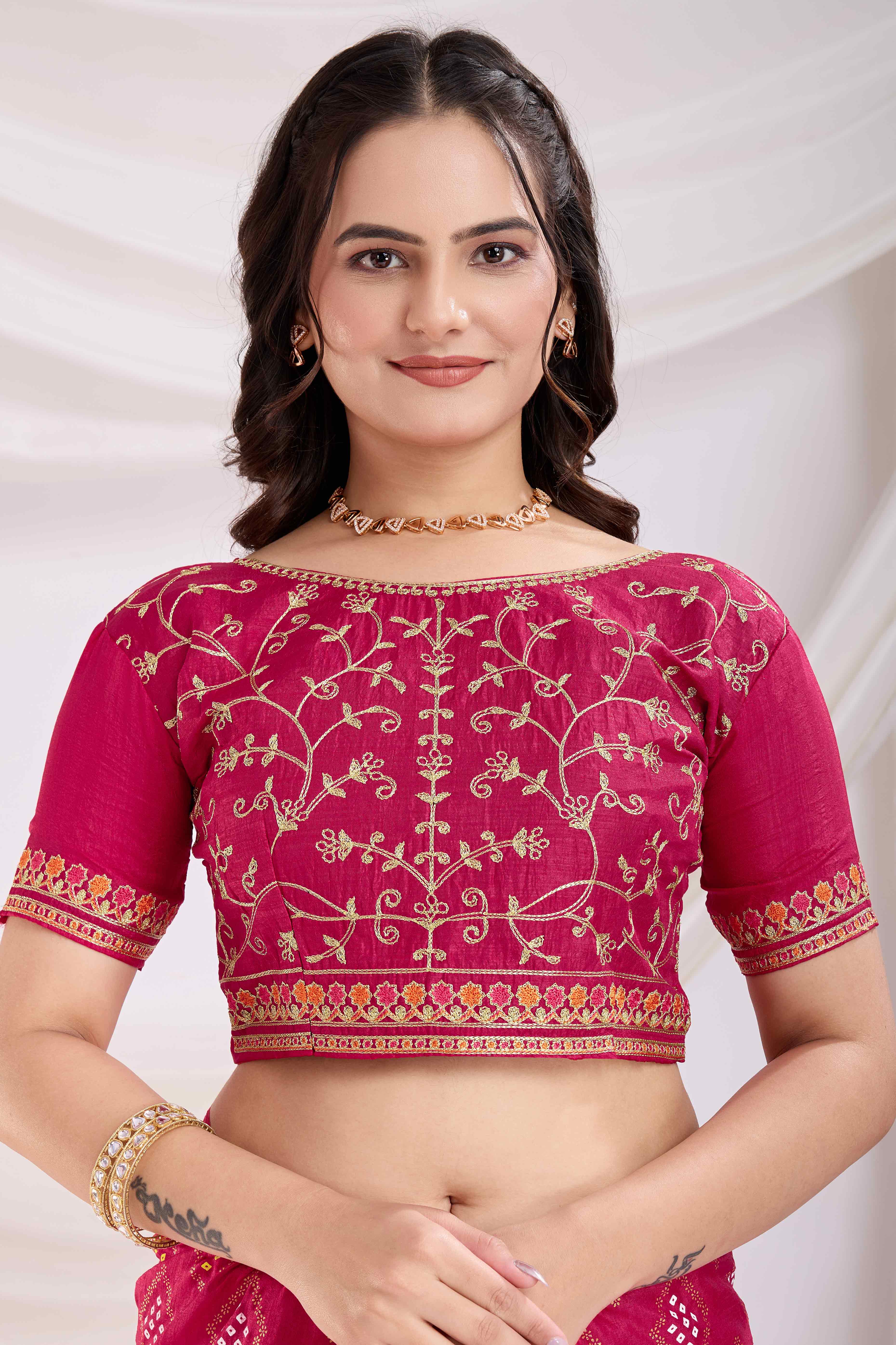 22Pink Bandhani Printed Vichitra Silk Saree With Embroidery Border