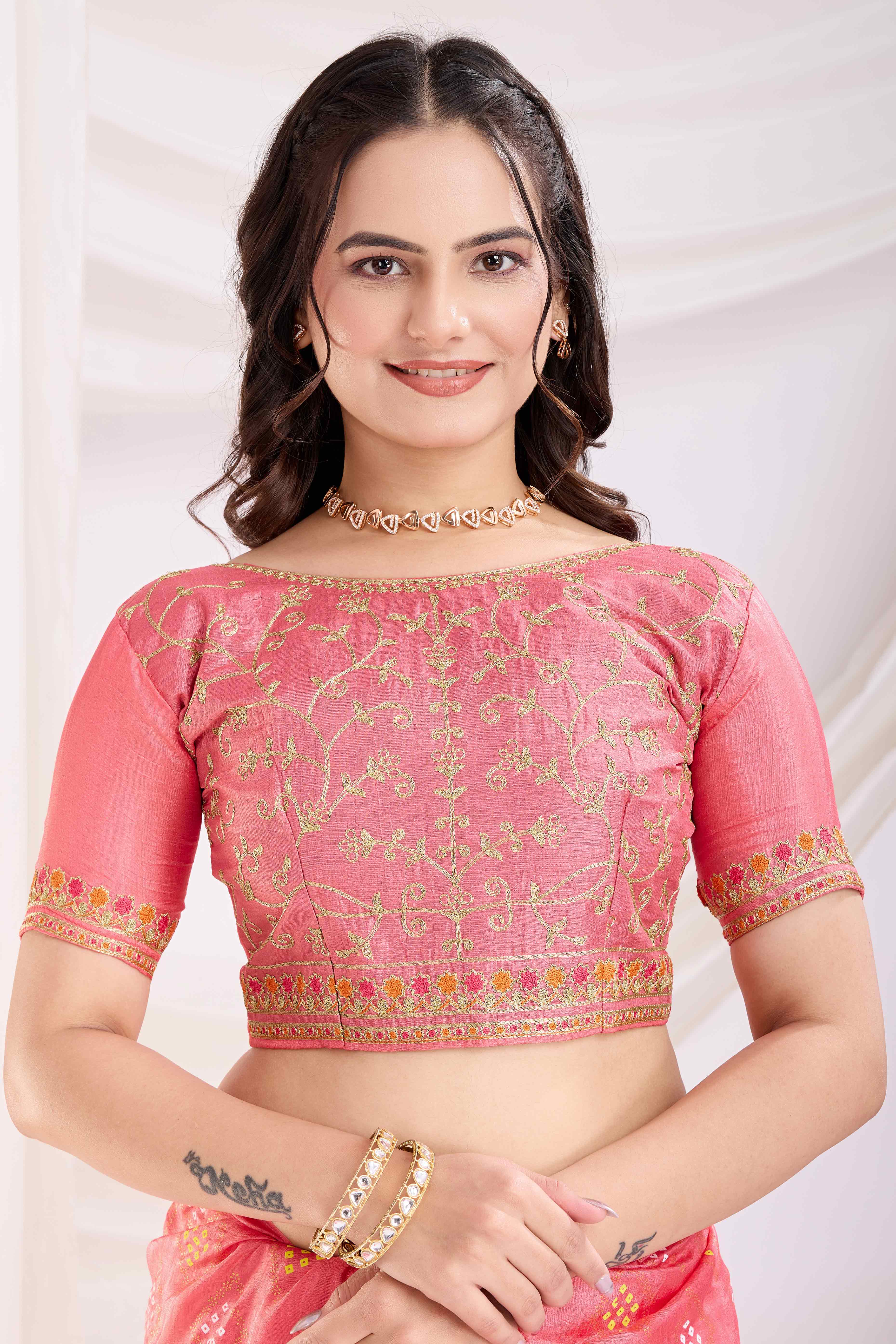 Peach Bandhani Printed Vichitra Silk Saree With Embroidery Border