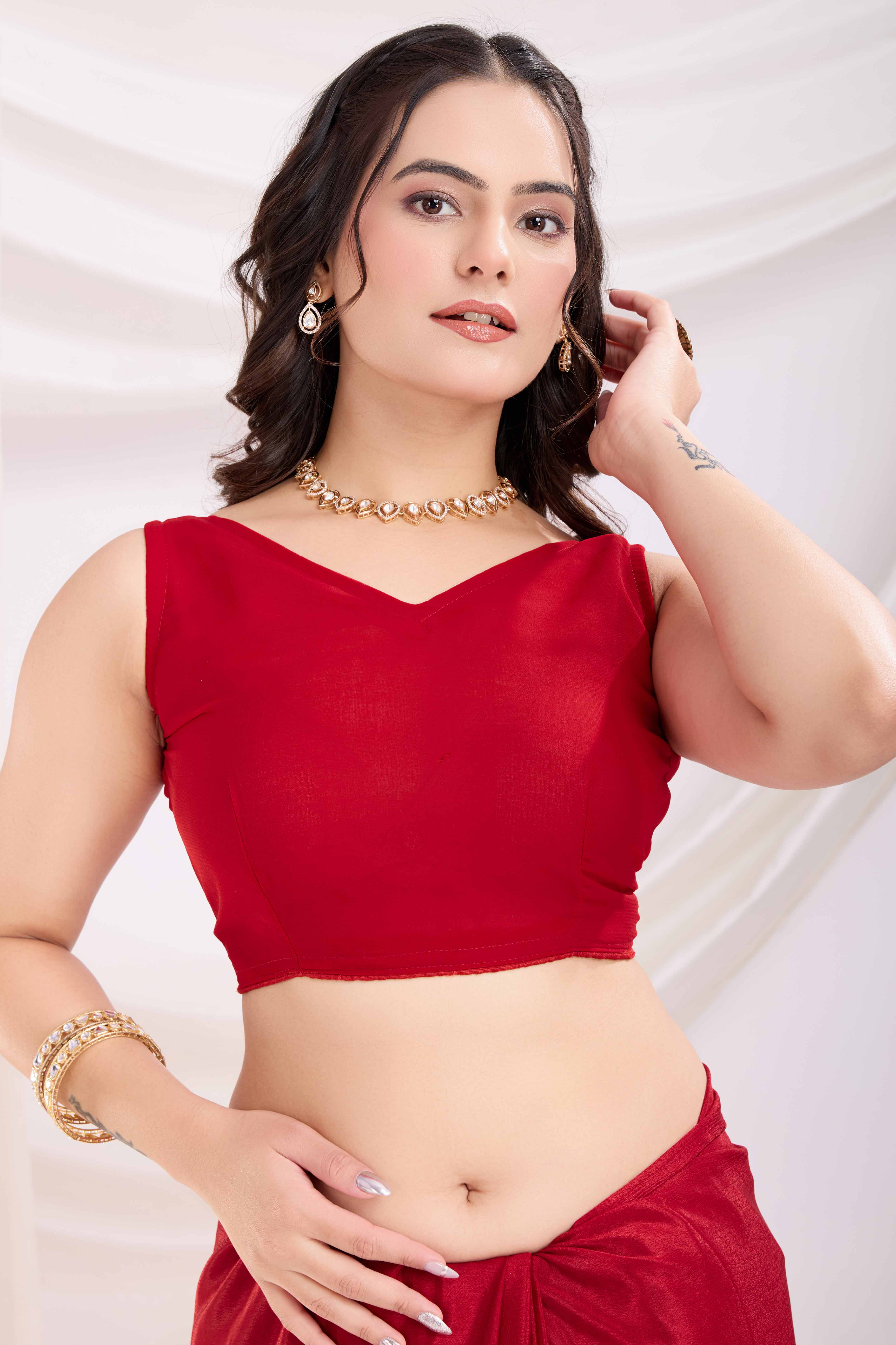 Red Saree In Chinon Silk Featuring Delicate Floral Embroidery & Sparkling Sequins