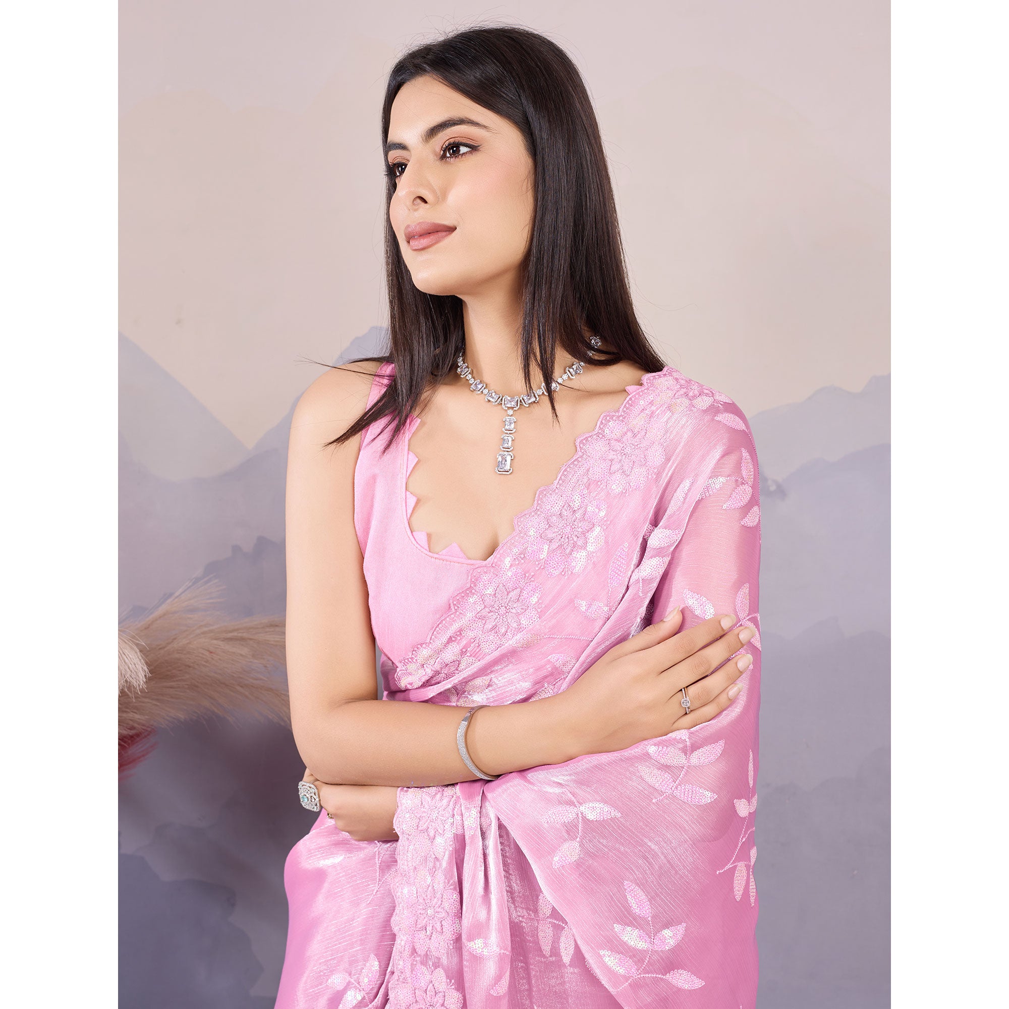 Pink Sequins Embroidered Art Silk Saree