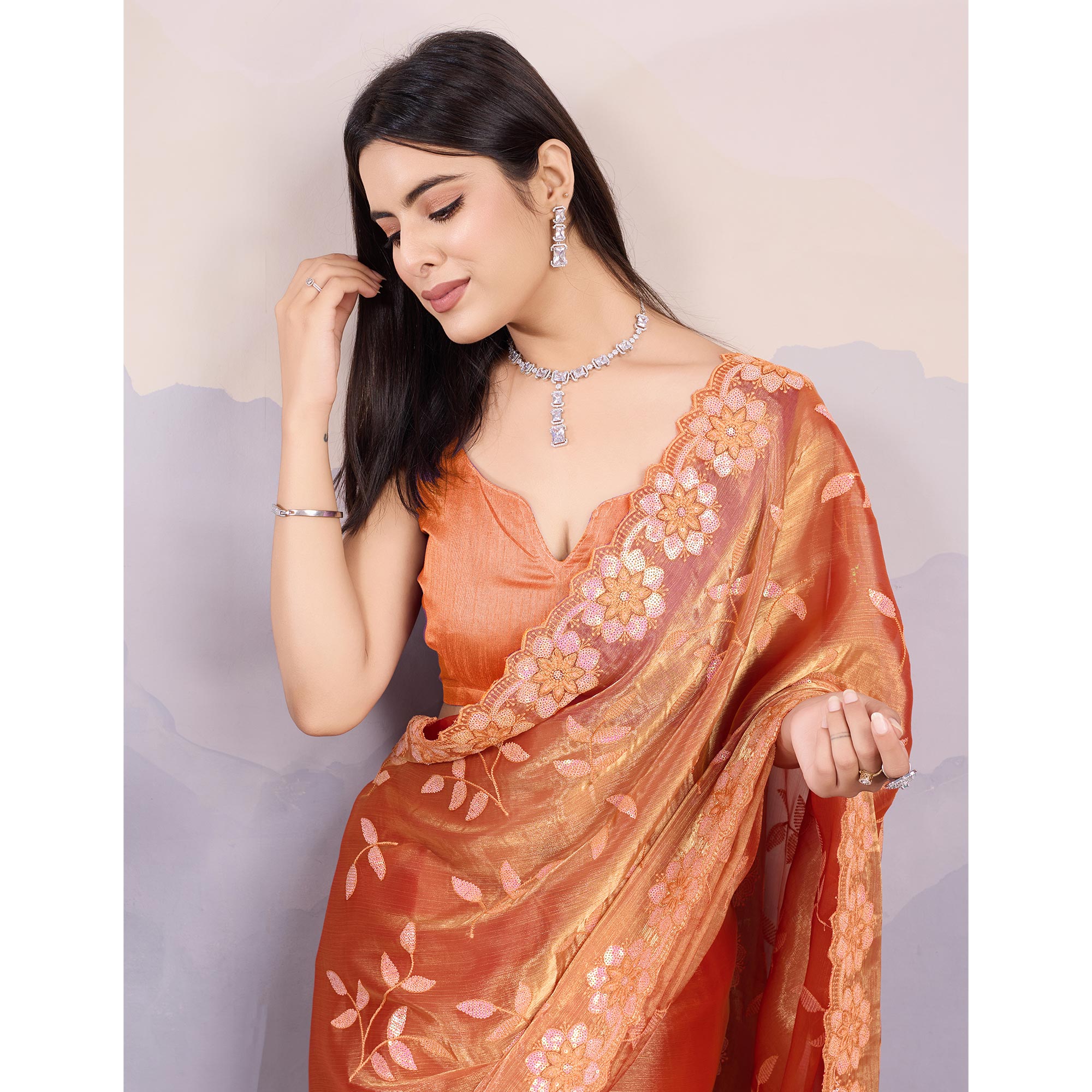 Burnt Orange Sequins Embroidered Art Silk Saree